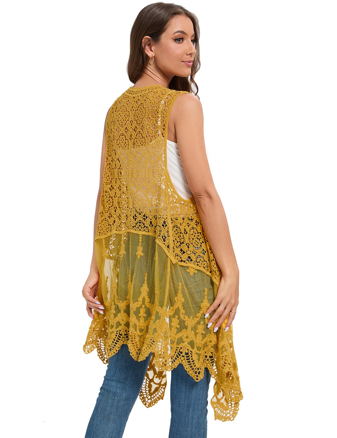 WESURE Sheer Cardigan Crochet Sleeveless Cover Up Mesh Patchwork Hippie Vest (Beige)