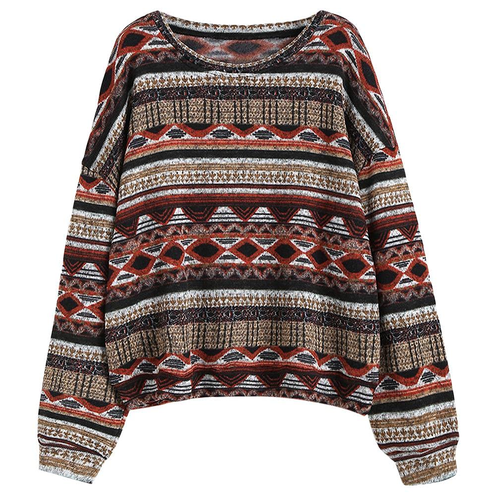 Women's Tribal Ethnic Graphic Cropped Knitwear Bohemian Long Sleeve Pullover Sweater