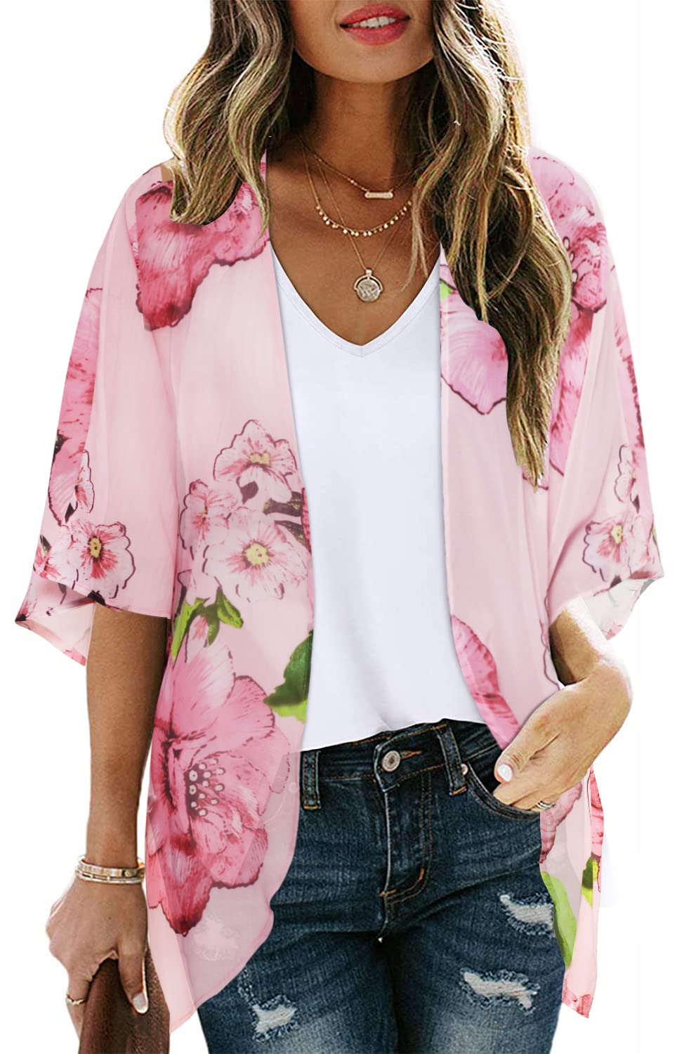 Women's Floral Kimono Cardigan Print Short Sleeve Shawl Chiffon Casual Summer Blouse Tops