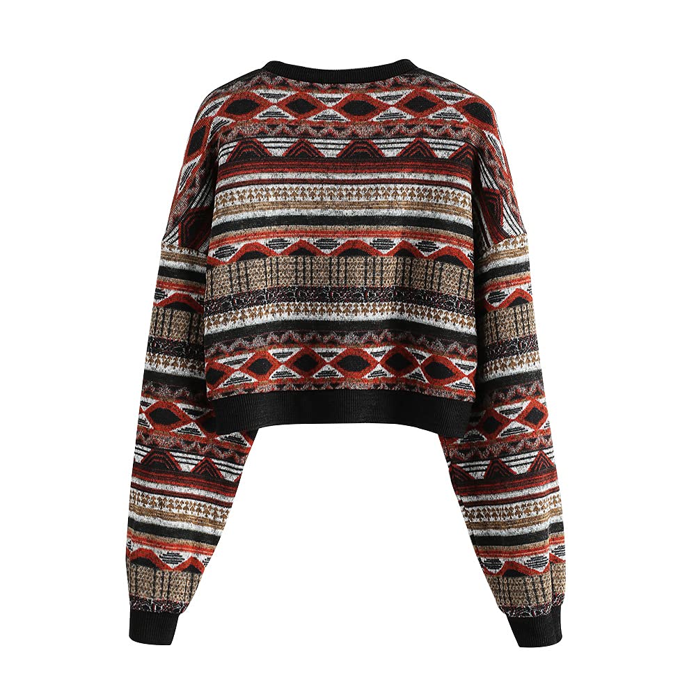 Women's Tribal Ethnic Graphic Cropped Knitwear Bohemian Long Sleeve Pullover Sweater