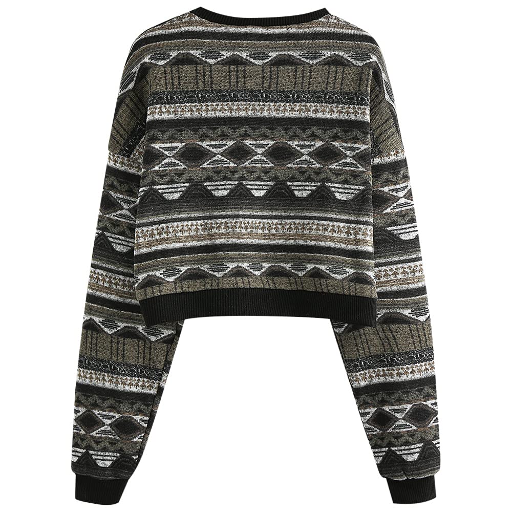 Women's Tribal Ethnic Graphic Cropped Knitwear Bohemian Long Sleeve Pullover Sweater