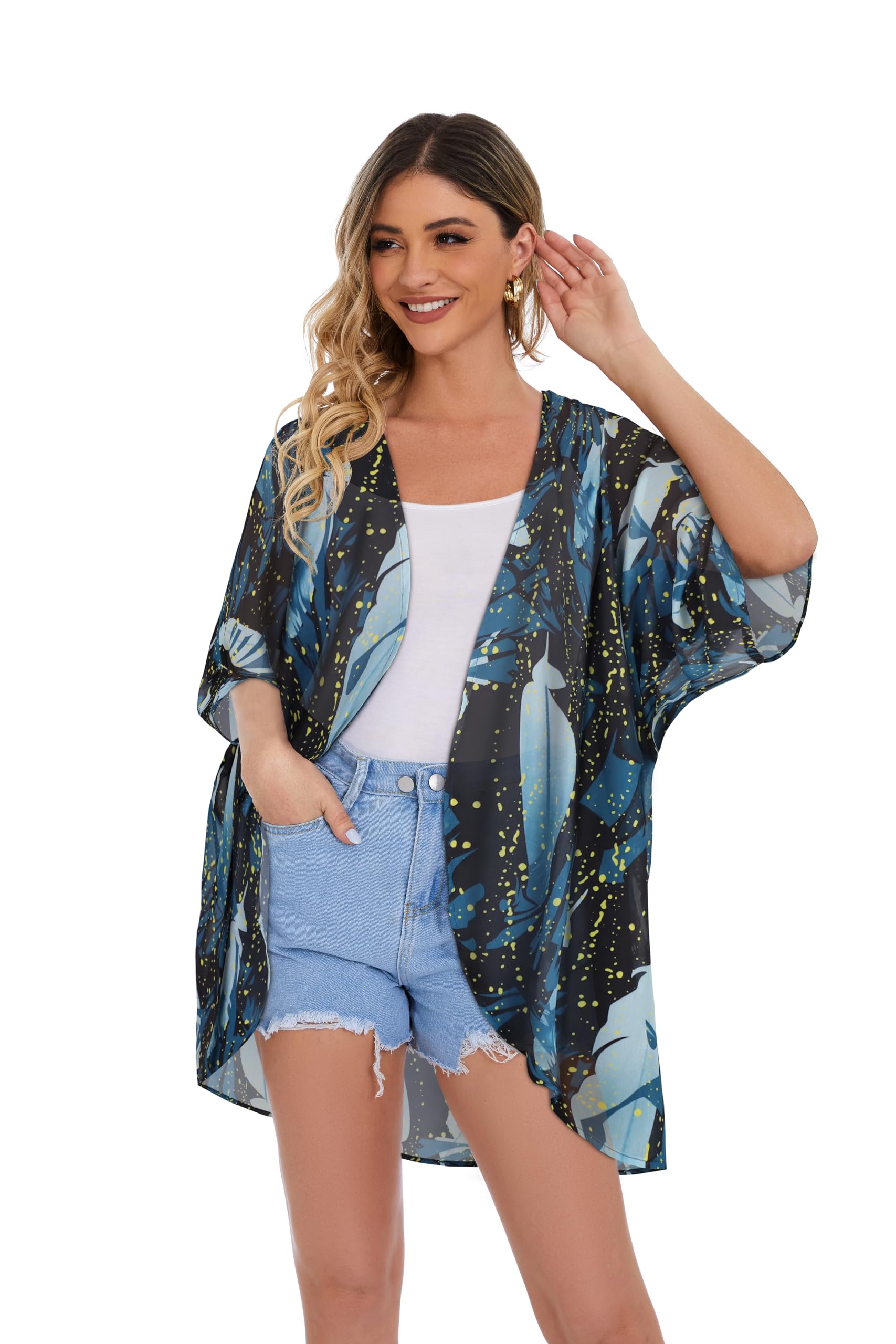 Women's Floral Kimono Cardigan Print Short Sleeve Shawl Chiffon Casual Summer Blouse Tops