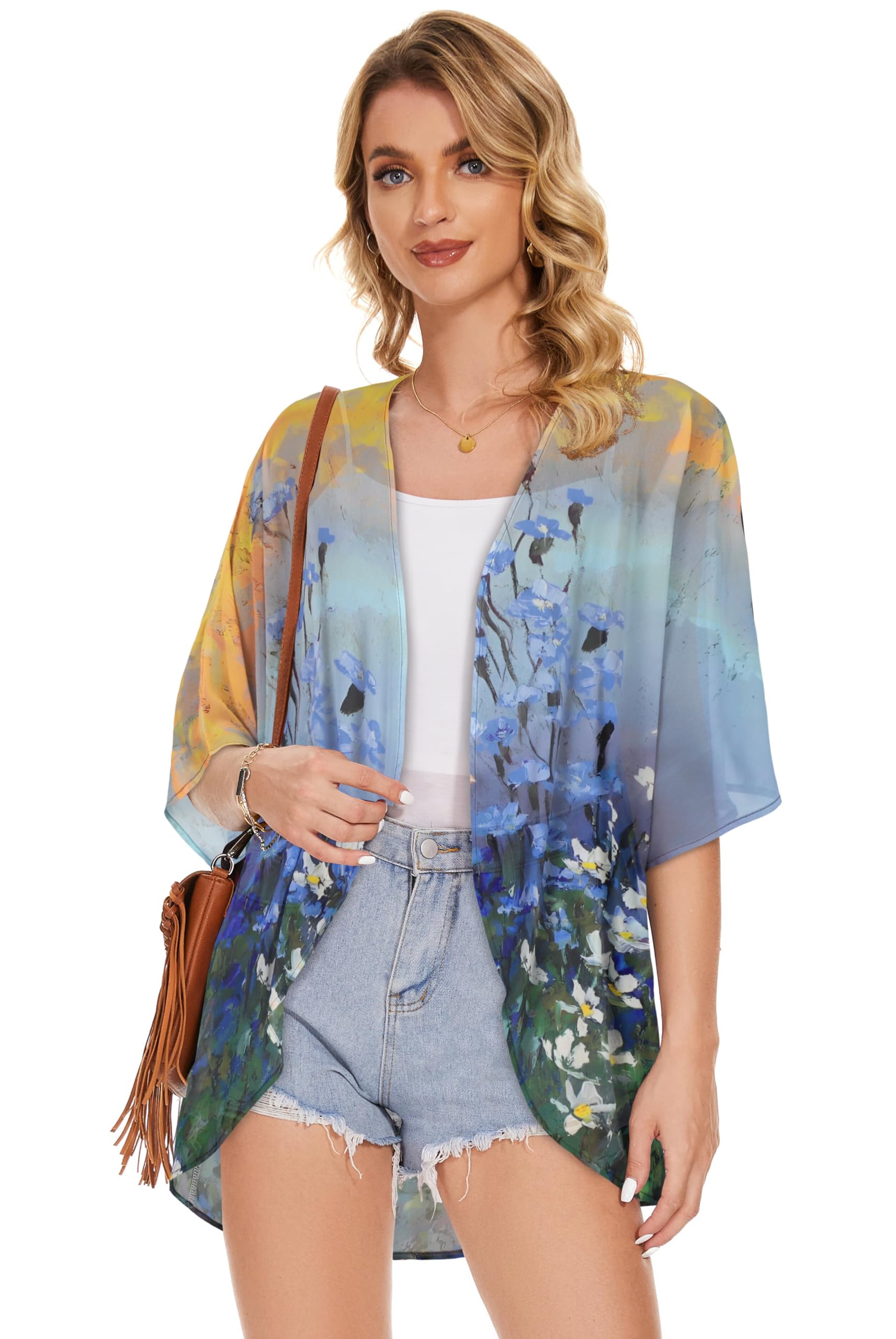 Women's Floral Kimono Cardigan Print Short Sleeve Shawl Chiffon Casual Summer Blouse Tops