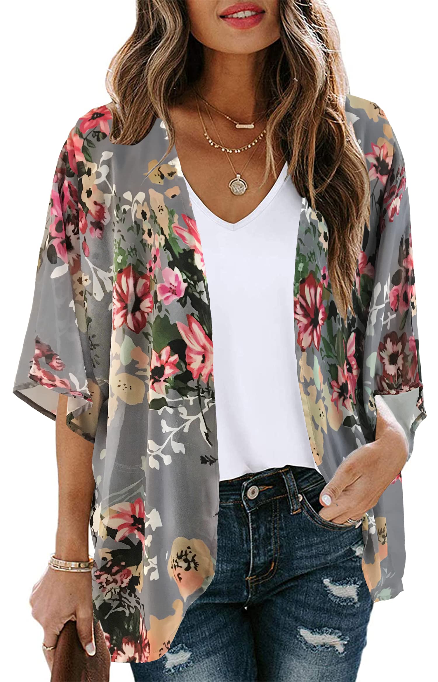 Women's Floral Kimono Cardigan Print Short Sleeve Shawl Chiffon Casual Summer Blouse Tops