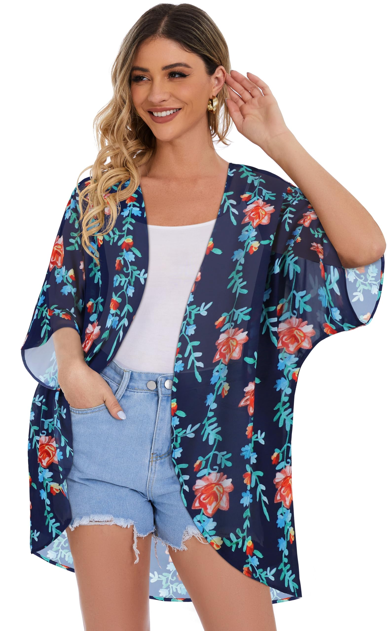 Women's Floral Kimono Cardigan Print Short Sleeve Shawl Chiffon Casual Summer Blouse Tops