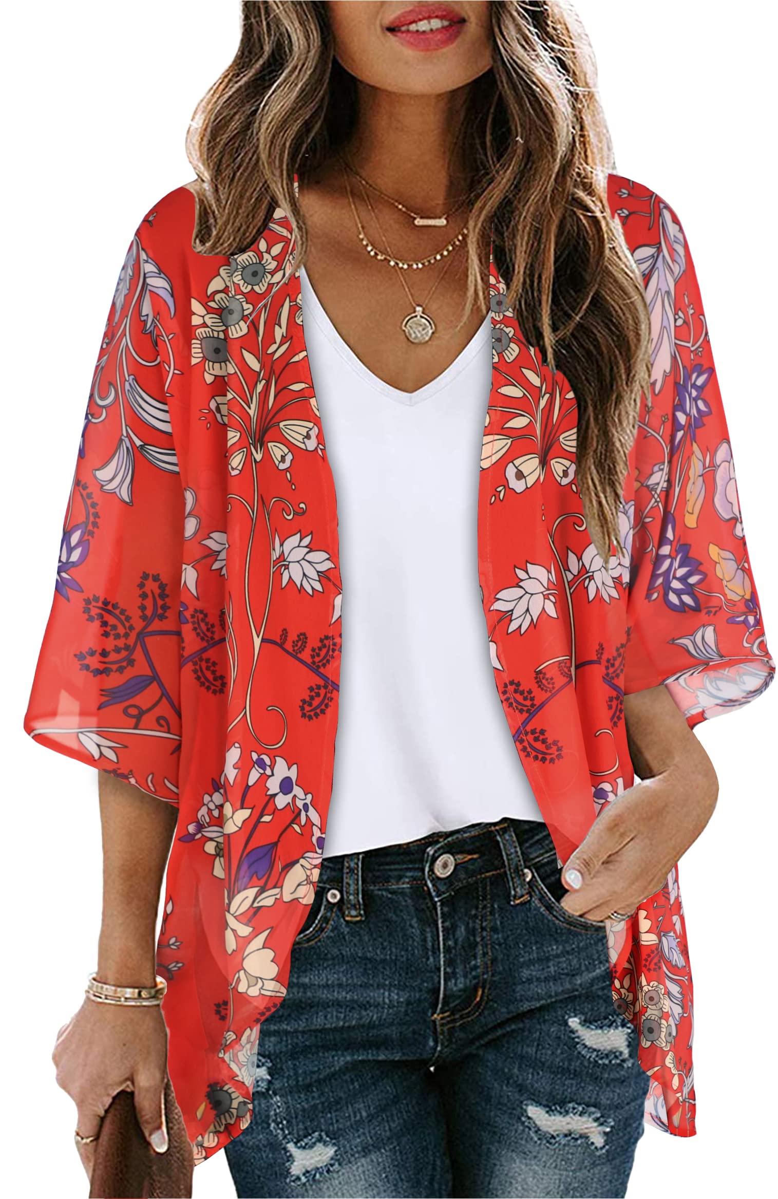 Women's Floral Kimono Cardigan Print Short Sleeve Shawl Chiffon Casual Summer Blouse Tops