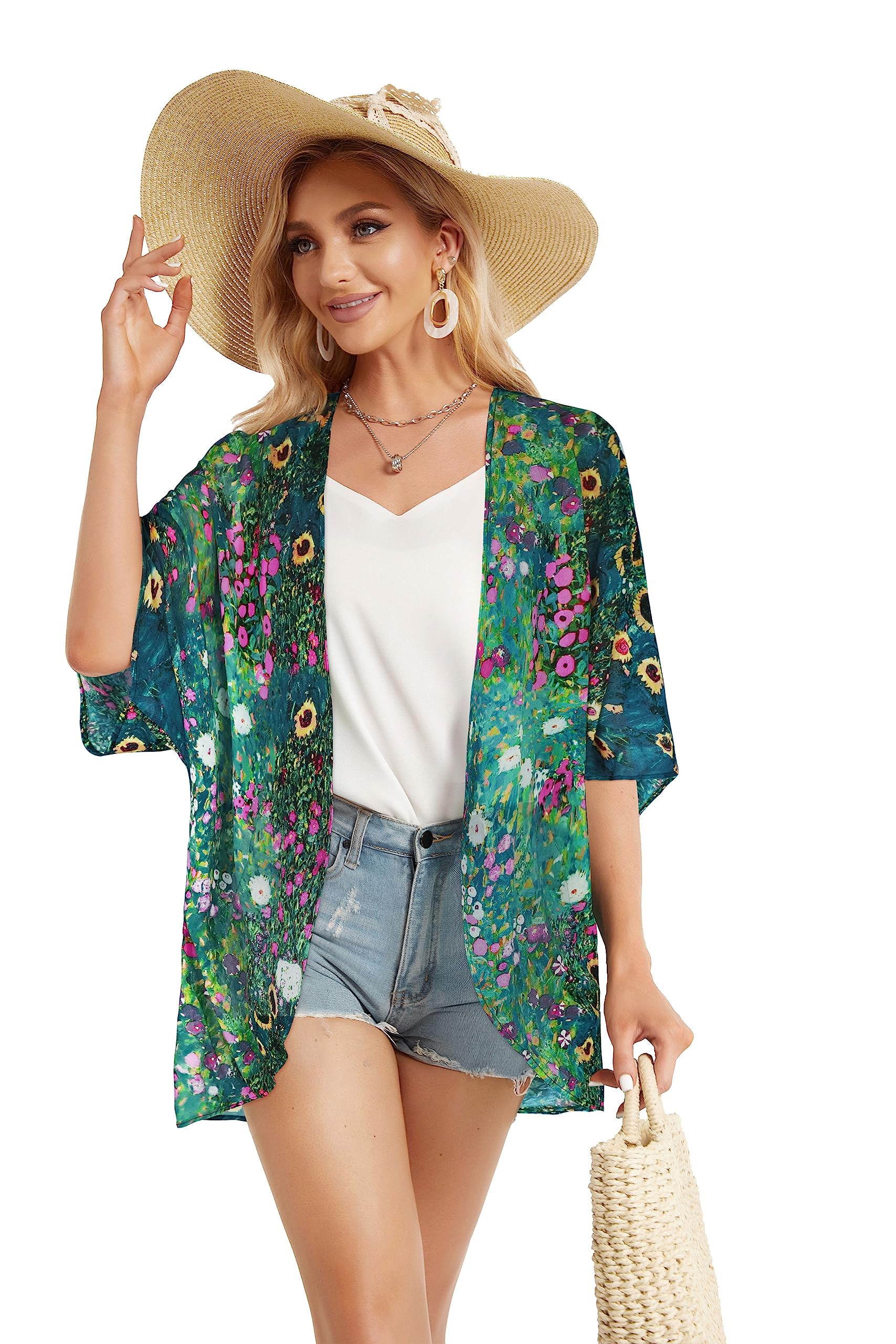 Women's Floral Kimono Cardigan Print Short Sleeve Shawl Chiffon Casual Summer Blouse Tops