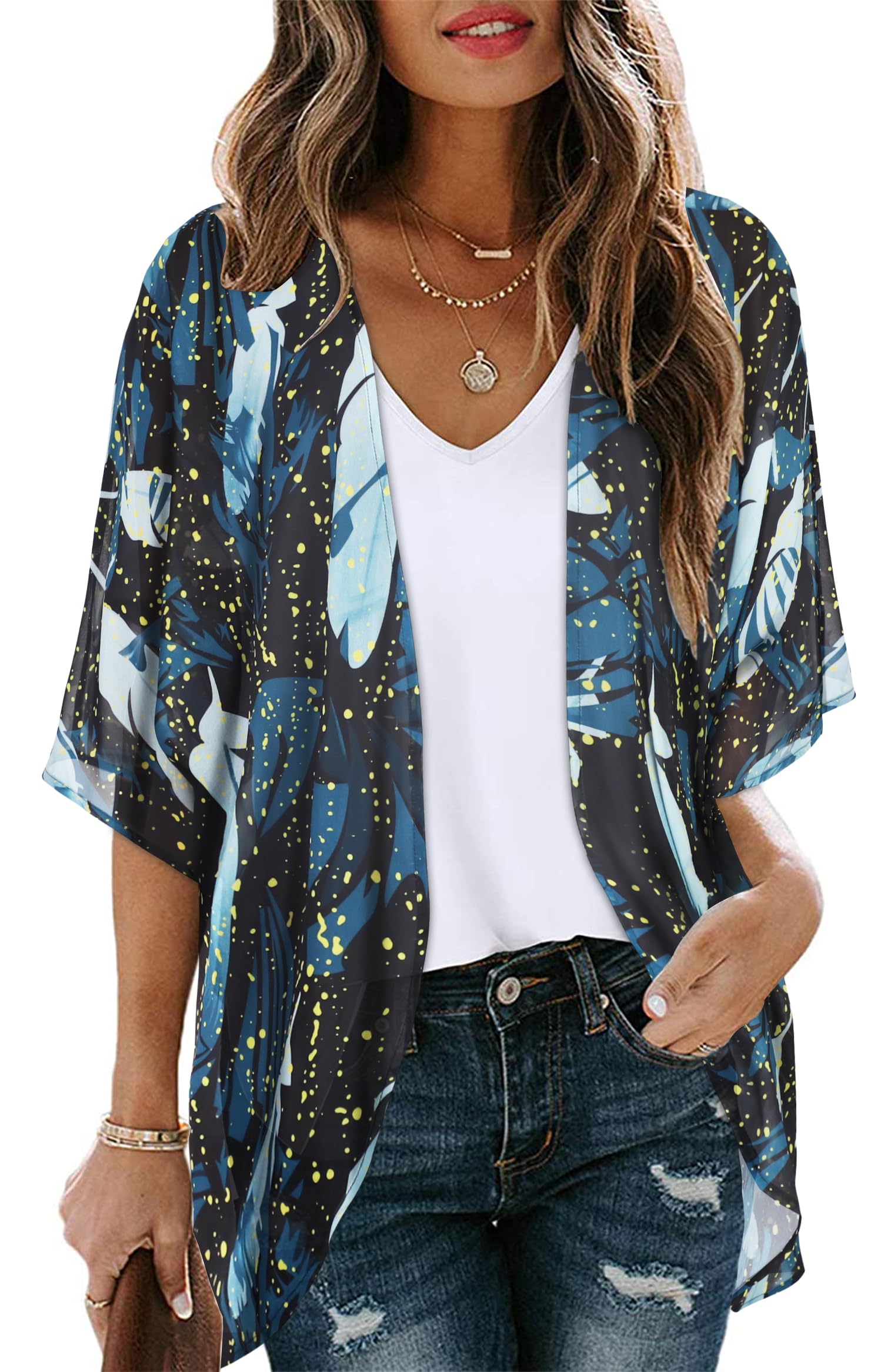 Women's Floral Kimono Cardigan Print Short Sleeve Shawl Chiffon Casual Summer Blouse Tops