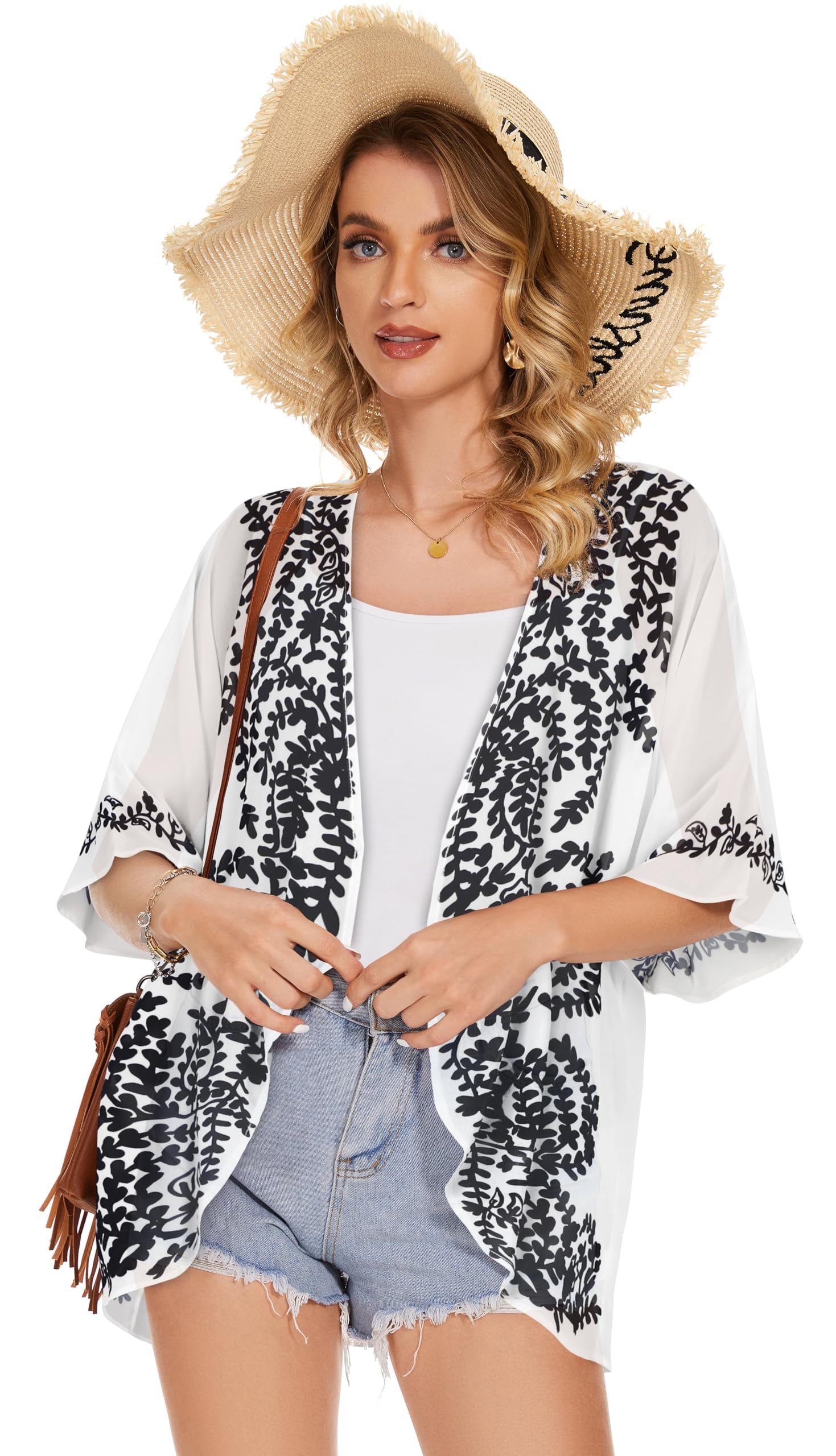 Women's Floral Kimono Cardigan Print Short Sleeve Shawl Chiffon Casual Summer Blouse Tops