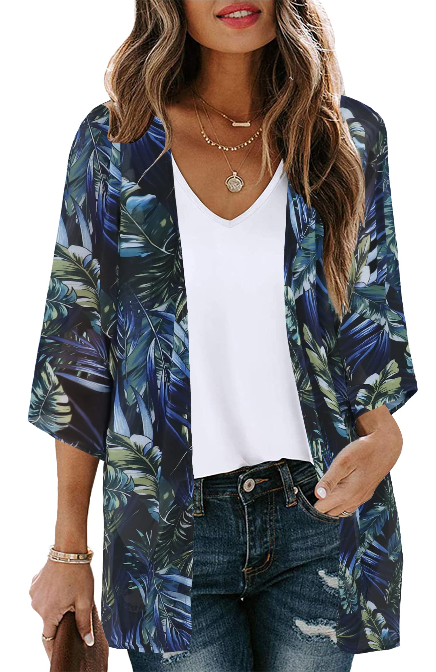 Women's Floral Kimono Cardigan Print Short Sleeve Shawl Chiffon Casual Summer Blouse Tops