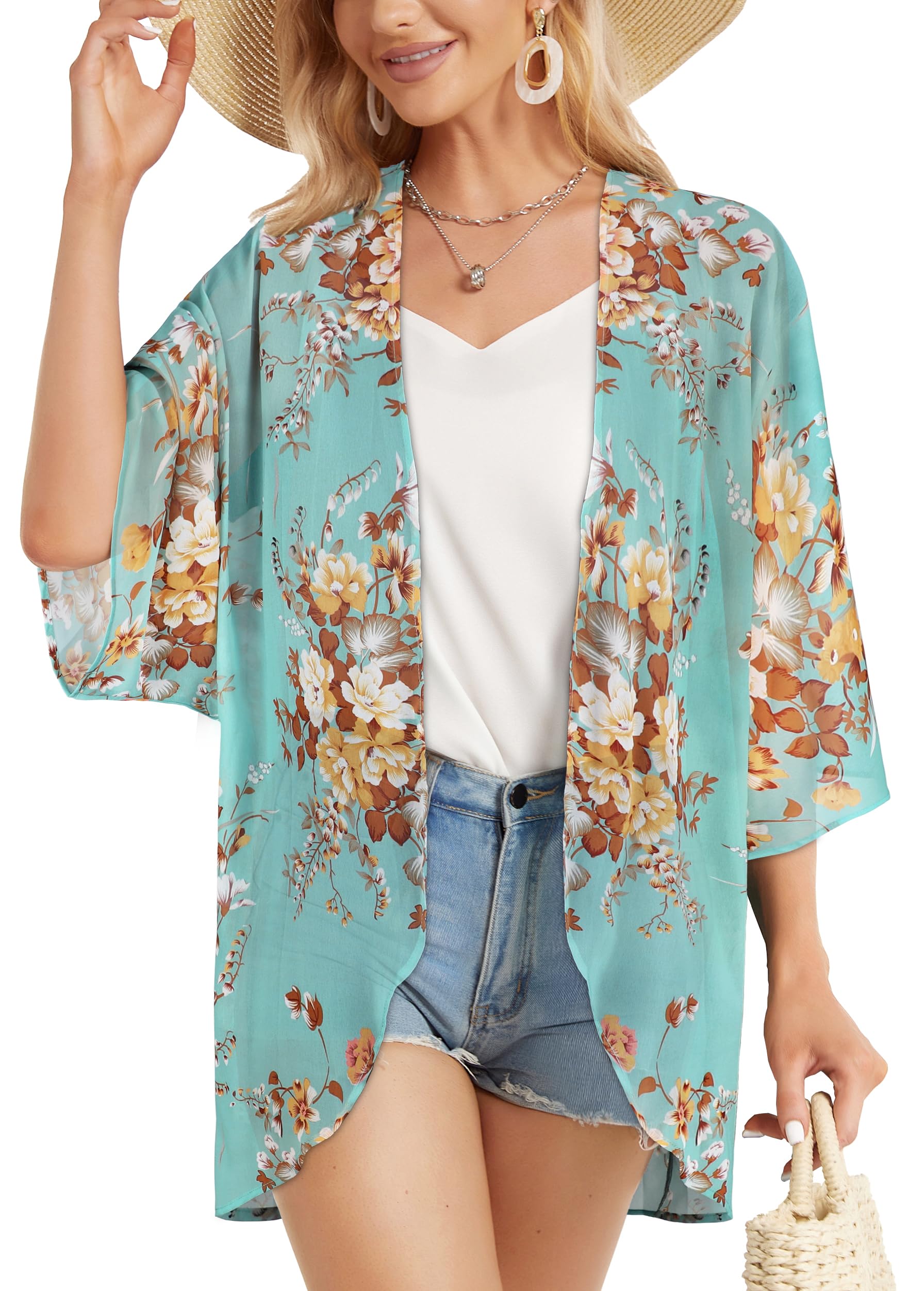 Women's Floral Kimono Cardigan Print Short Sleeve Shawl Chiffon Casual Summer Blouse Tops