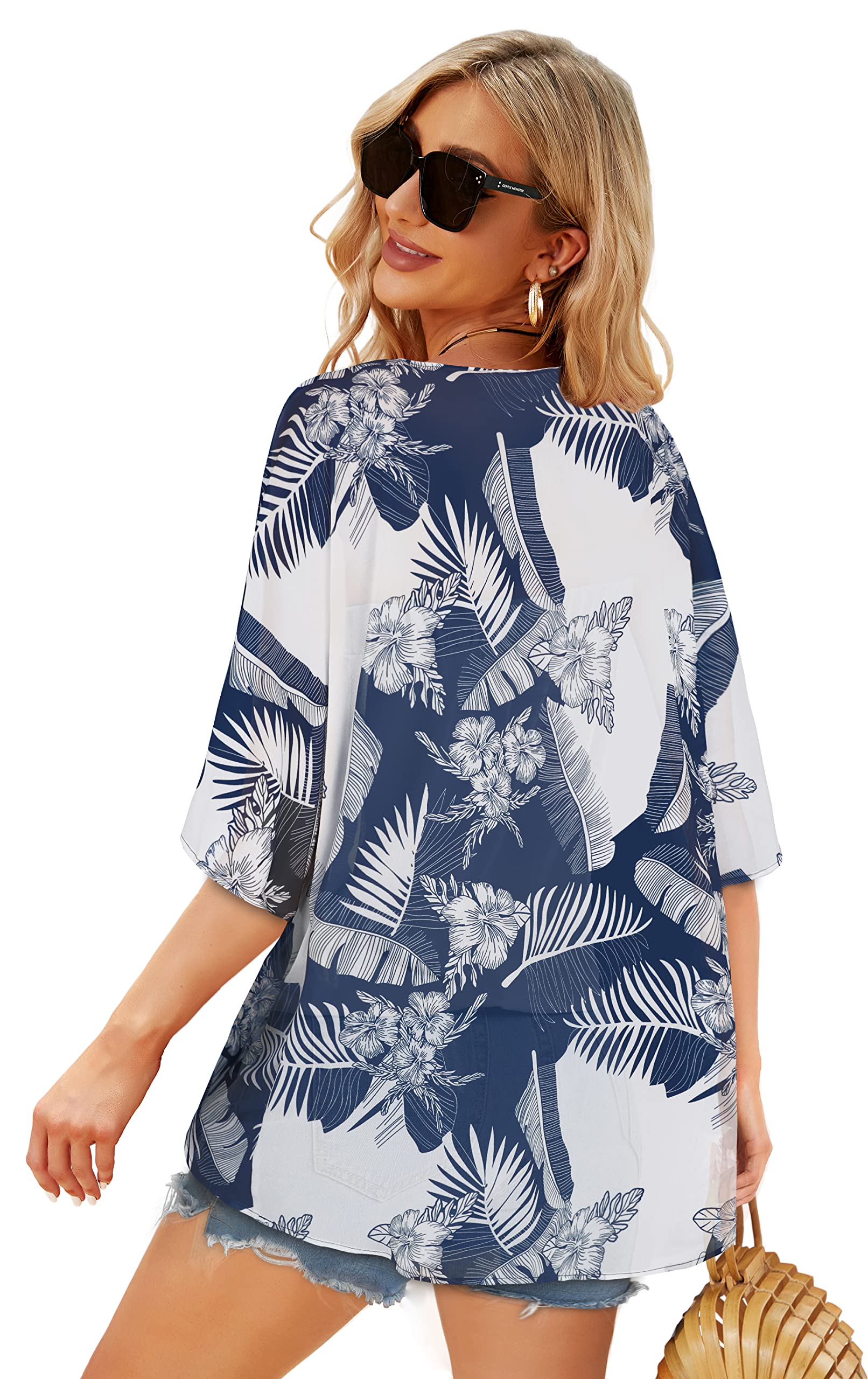 Women's Floral Kimono Cardigan Print Short Sleeve Shawl Chiffon Casual Summer Blouse Tops