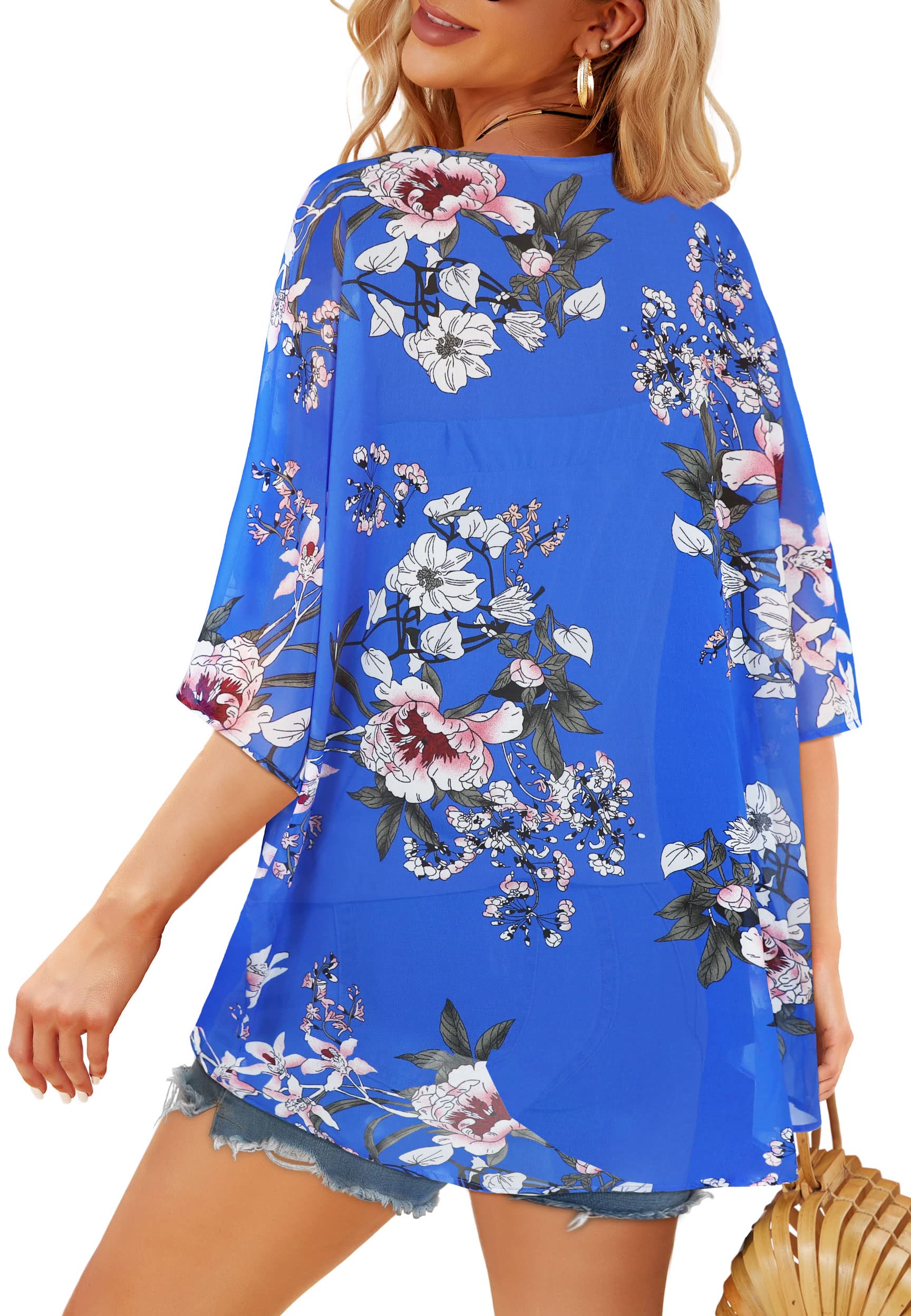 Women's Floral Kimono Cardigan Print Short Sleeve Shawl Chiffon Casual Summer Blouse Tops