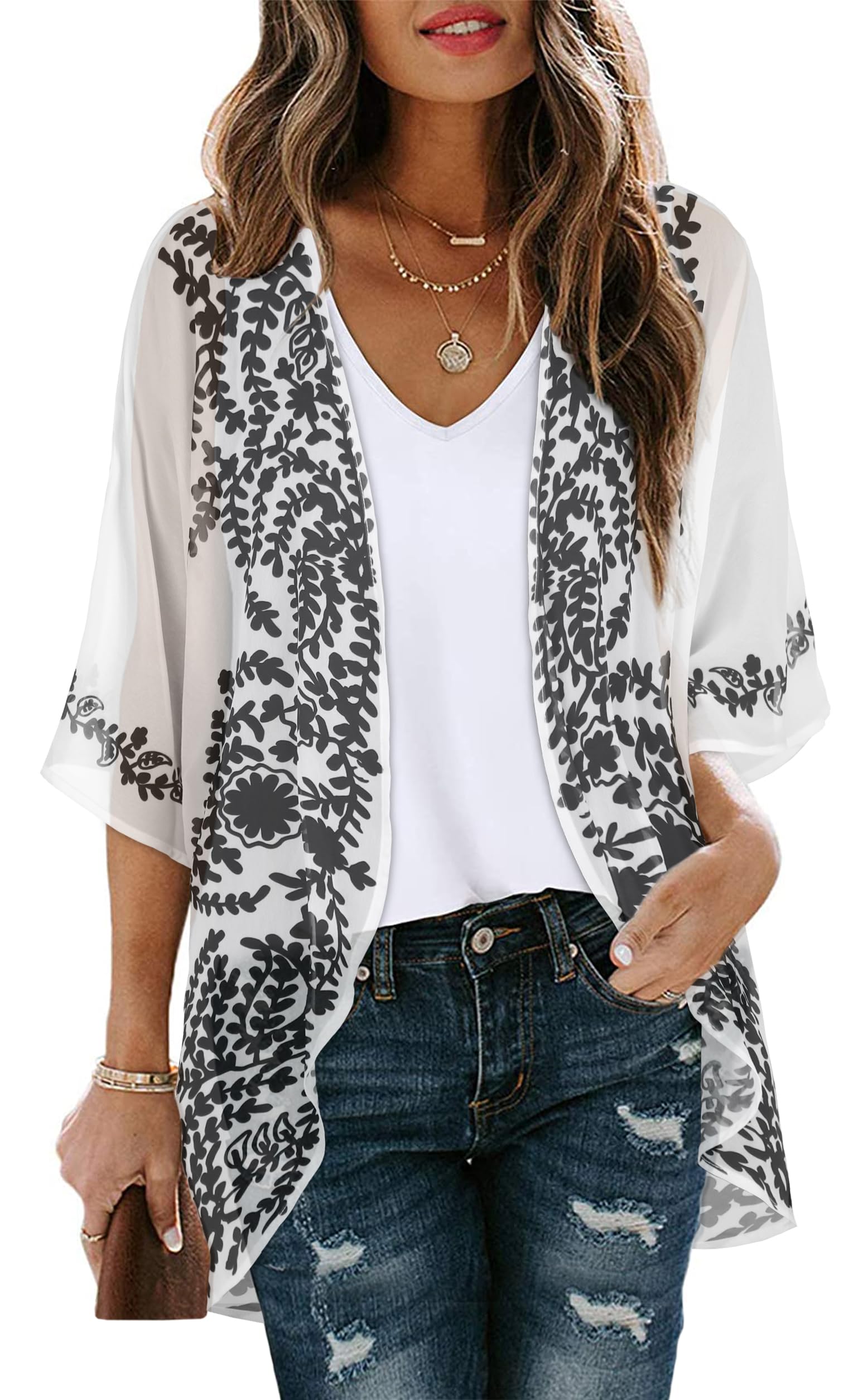 Women's Floral Kimono Cardigan Print Short Sleeve Shawl Chiffon Casual Summer Blouse Tops