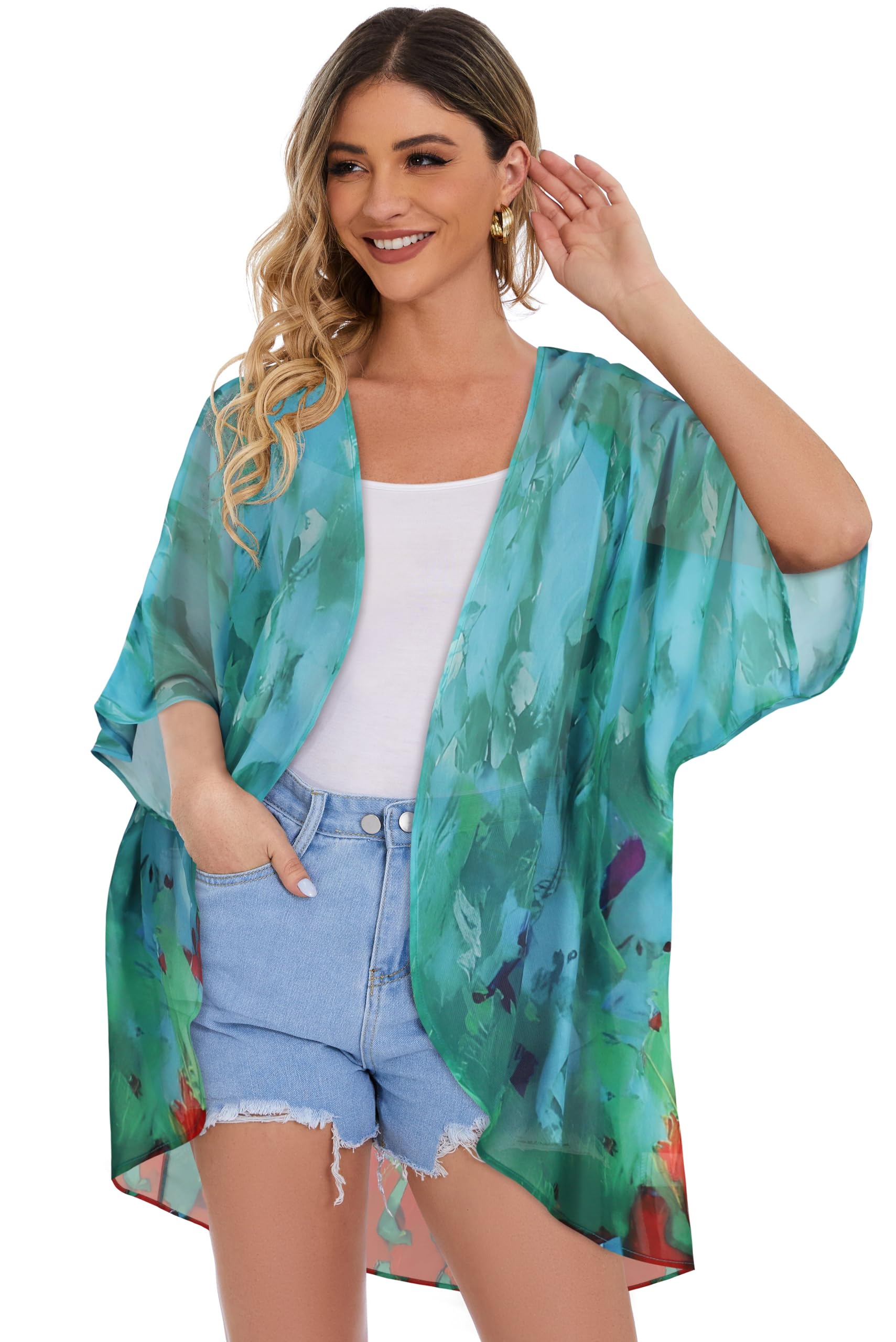 Women's Floral Kimono Cardigan Print Short Sleeve Shawl Chiffon Casual Summer Blouse Tops