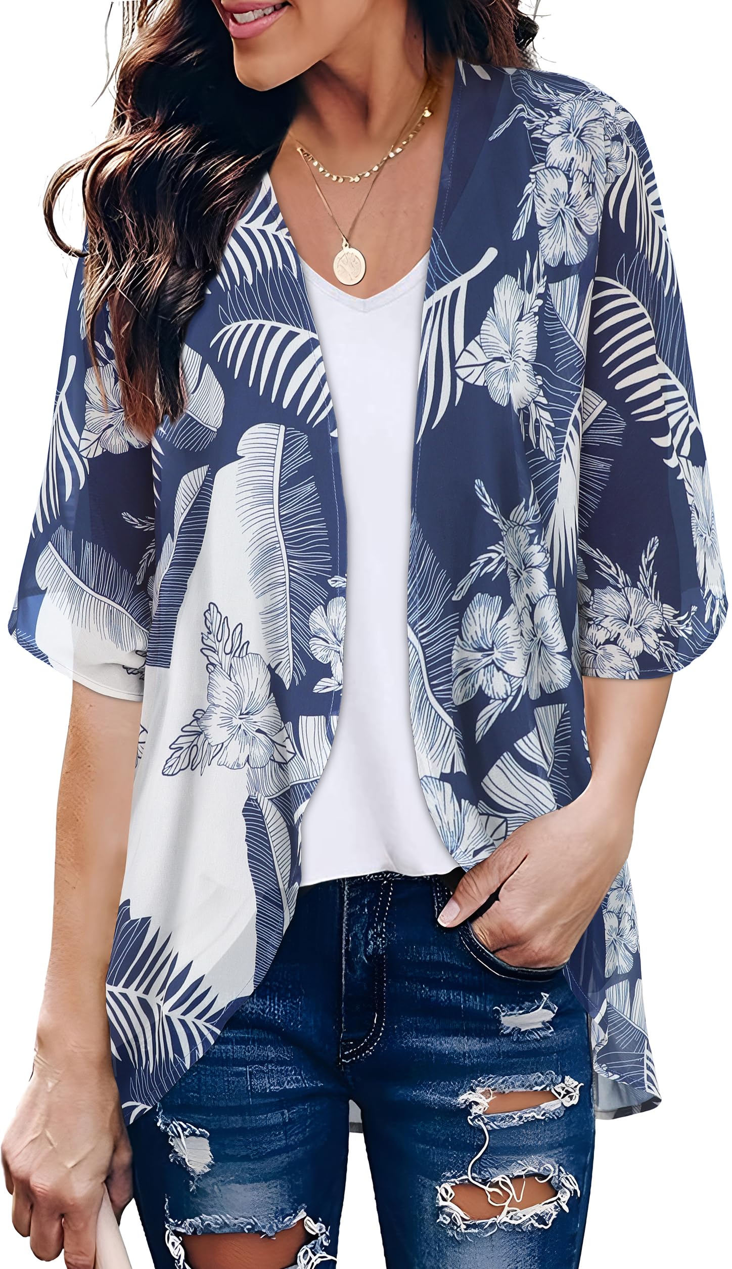 Women's Floral Kimono Cardigan Print Short Sleeve Shawl Chiffon Casual Summer Blouse Tops