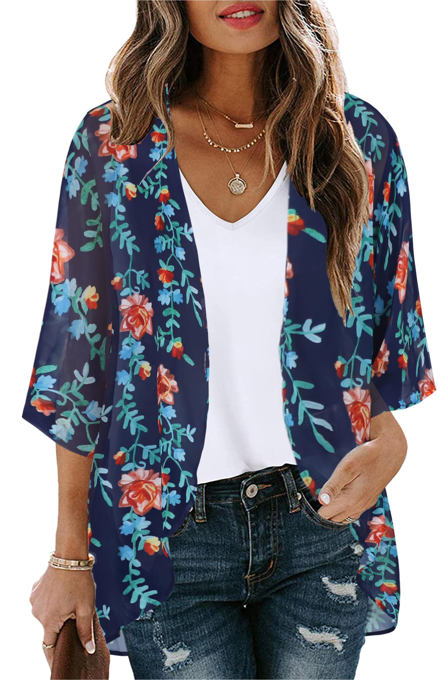 Women's Floral Kimono Cardigan Print Short Sleeve Shawl Chiffon Casual Summer Blouse Tops