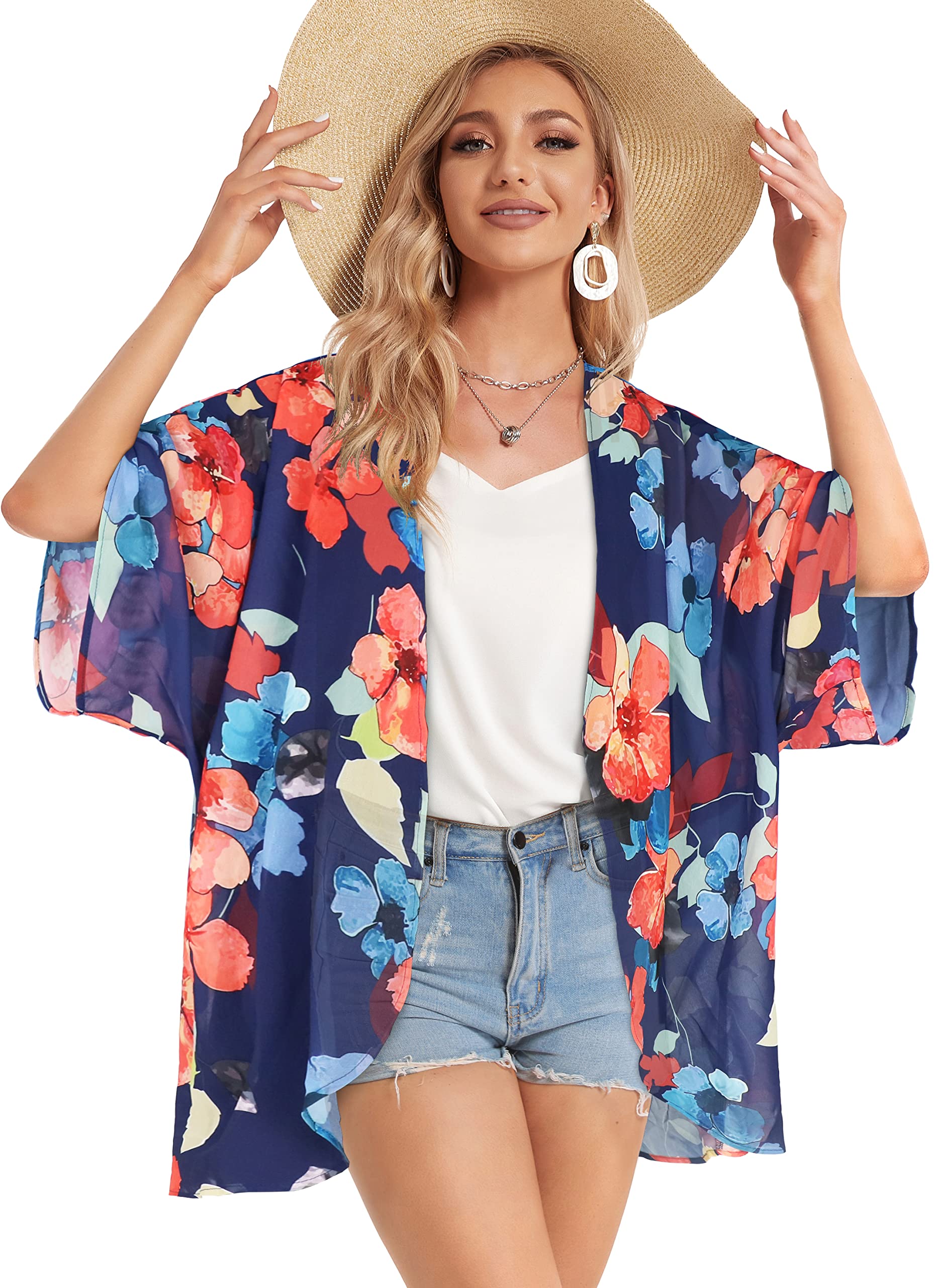 Women's Floral Kimono Cardigan Print Short Sleeve Shawl Chiffon Casual Summer Blouse Tops