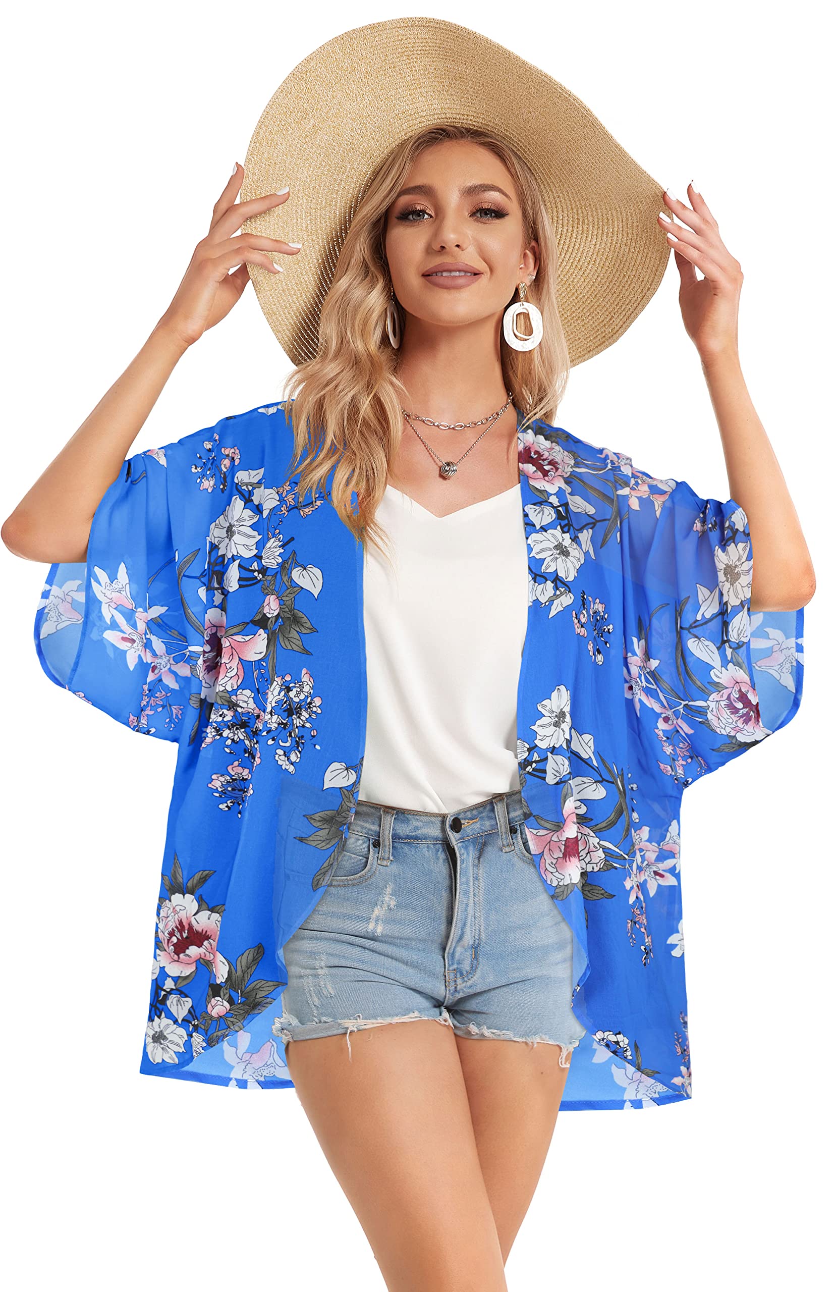 Women's Floral Kimono Cardigan Print Short Sleeve Shawl Chiffon Casual Summer Blouse Tops