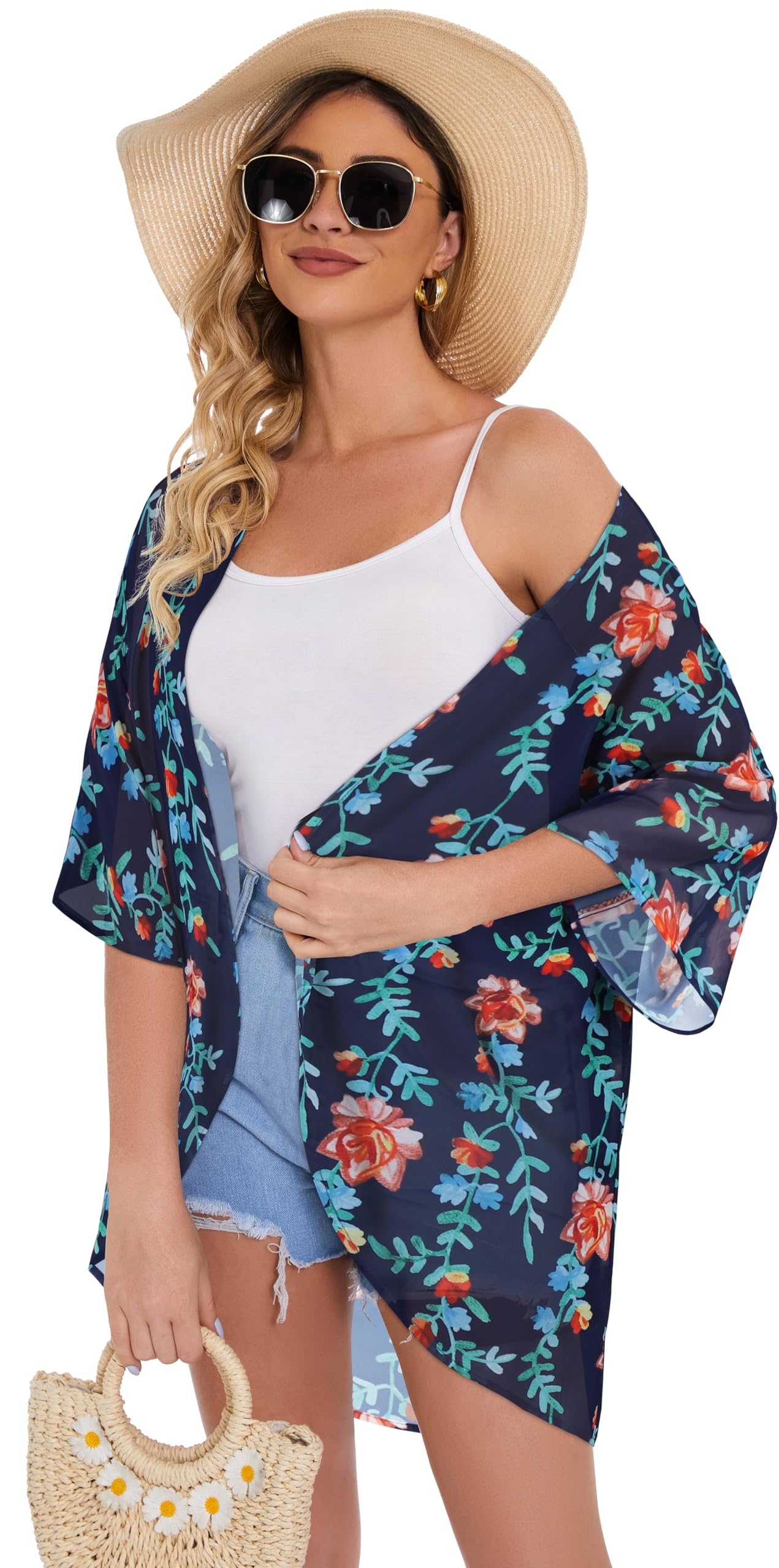 Women's Floral Kimono Cardigan Print Short Sleeve Shawl Chiffon Casual Summer Blouse Tops