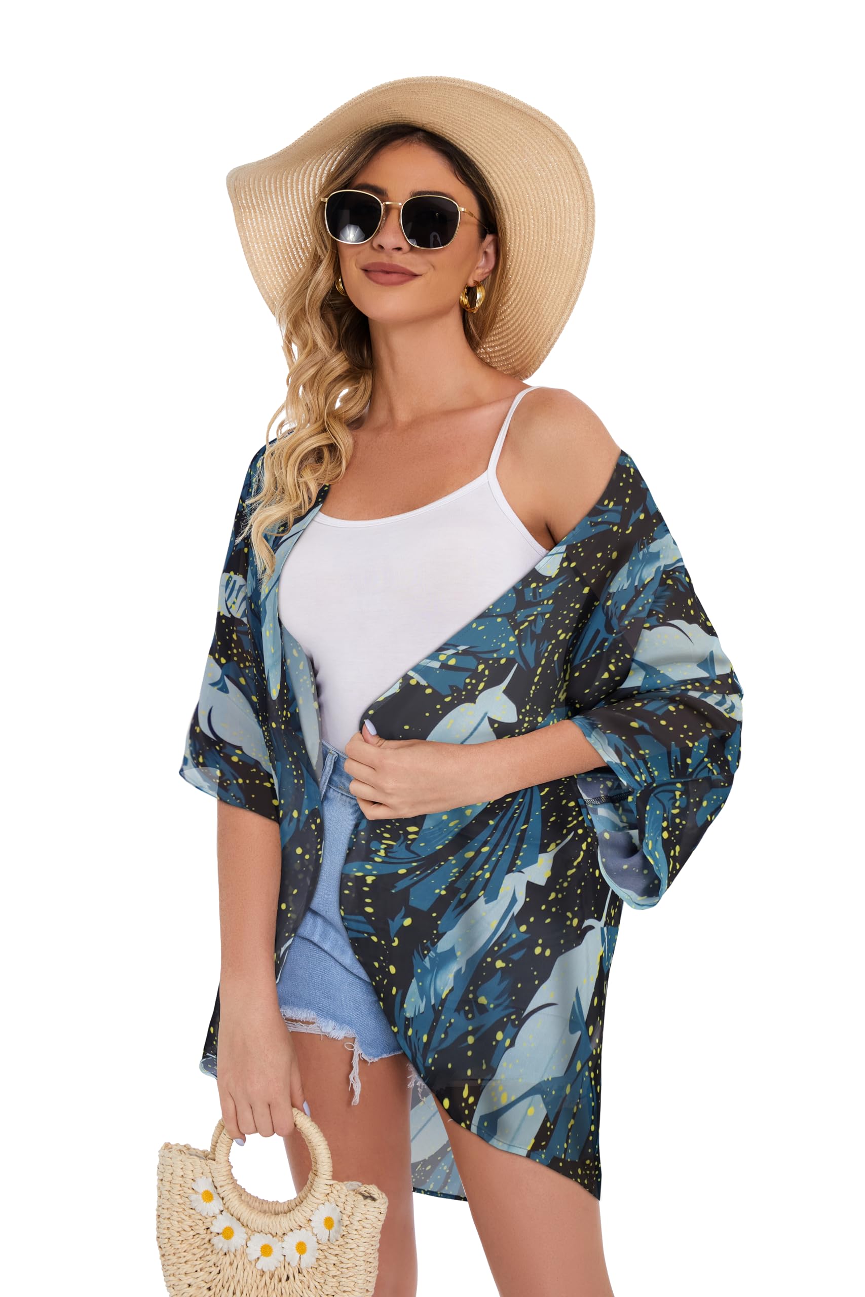 Women's Floral Kimono Cardigan Print Short Sleeve Shawl Chiffon Casual Summer Blouse Tops