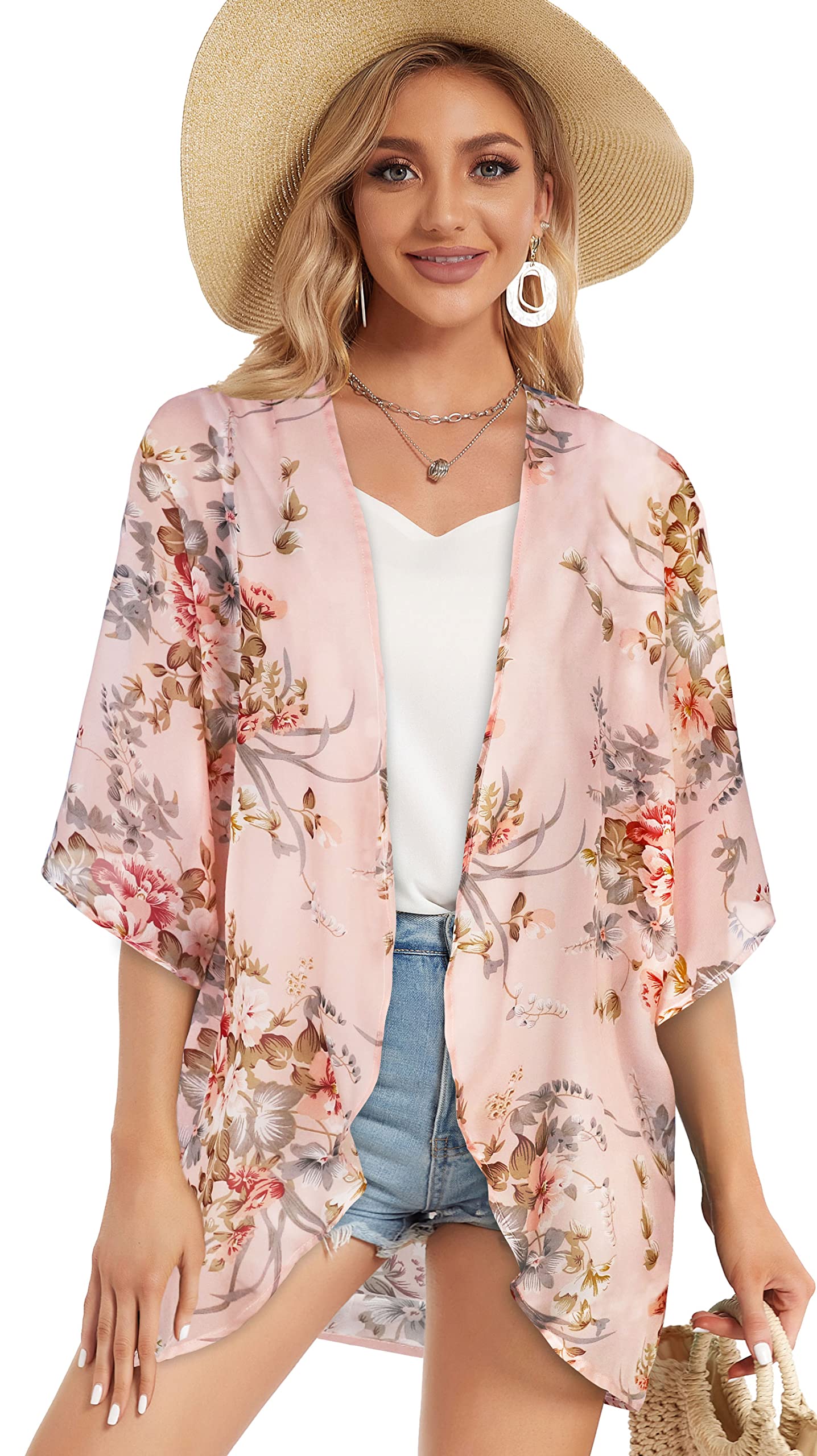 Women's Floral Kimono Cardigan Print Short Sleeve Shawl Chiffon Casual Summer Blouse Tops