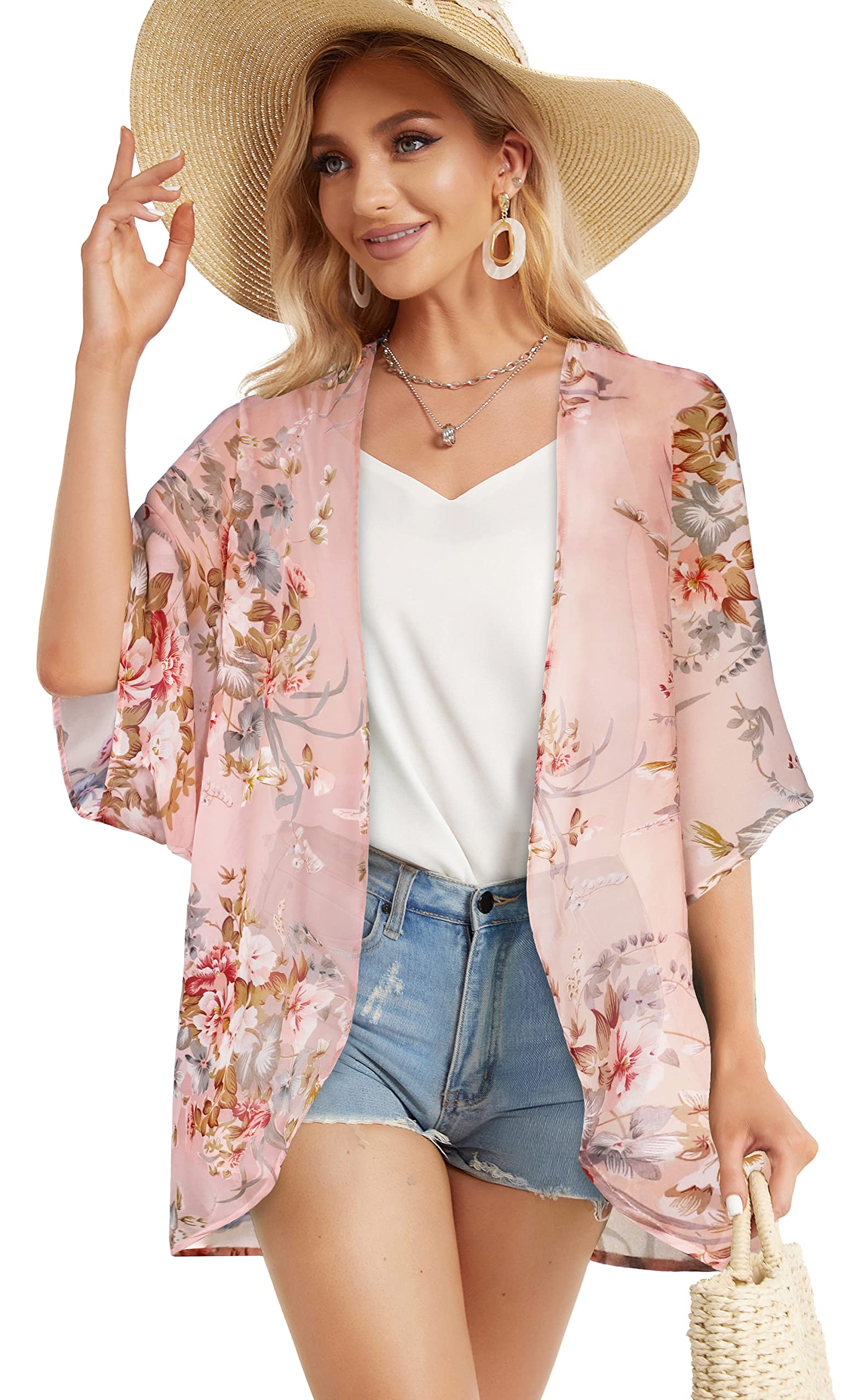 Women's Floral Kimono Cardigan Print Short Sleeve Shawl Chiffon Casual Summer Blouse Tops