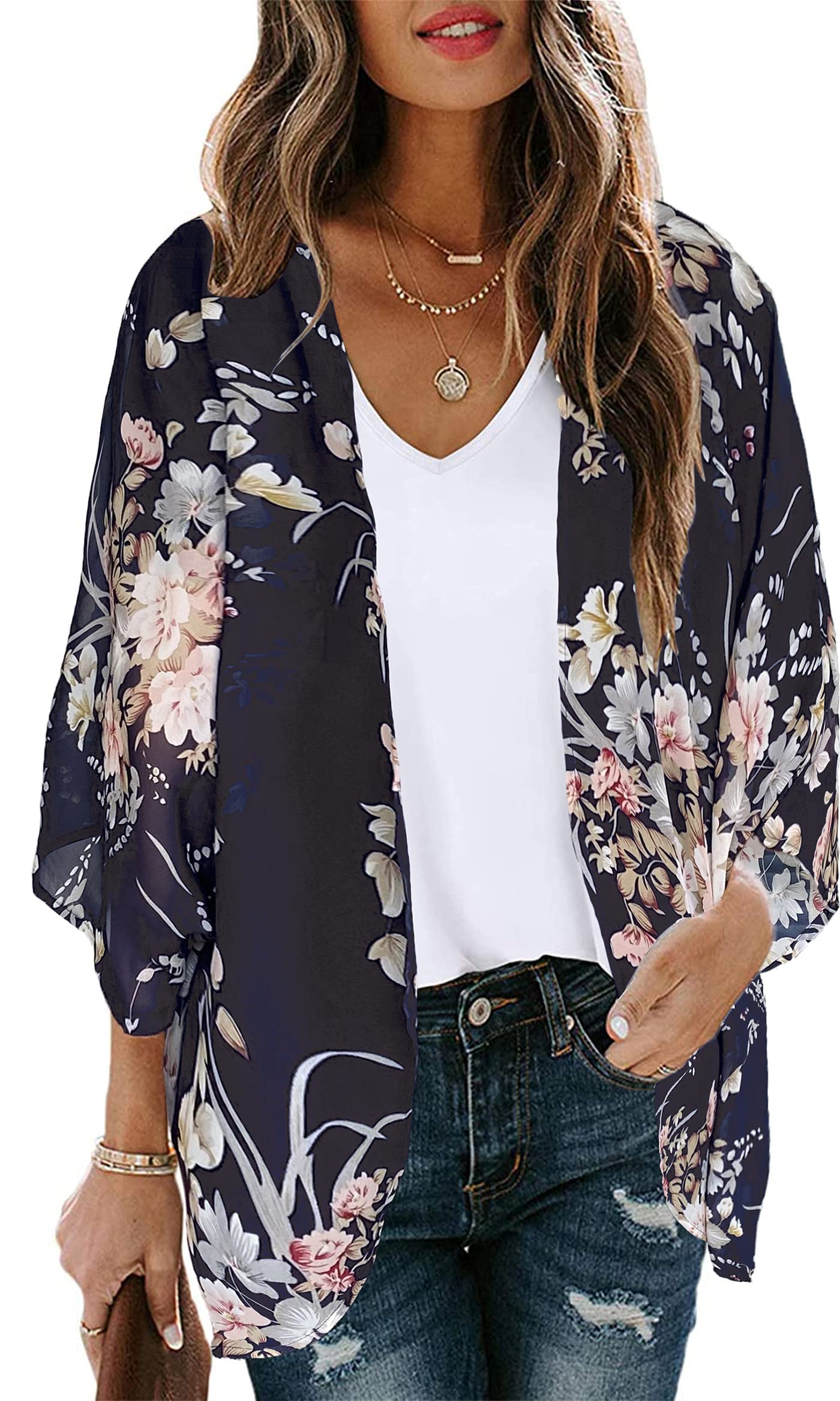 Women's Floral Kimono Cardigan Print Short Sleeve Shawl Chiffon Casual Summer Blouse Tops