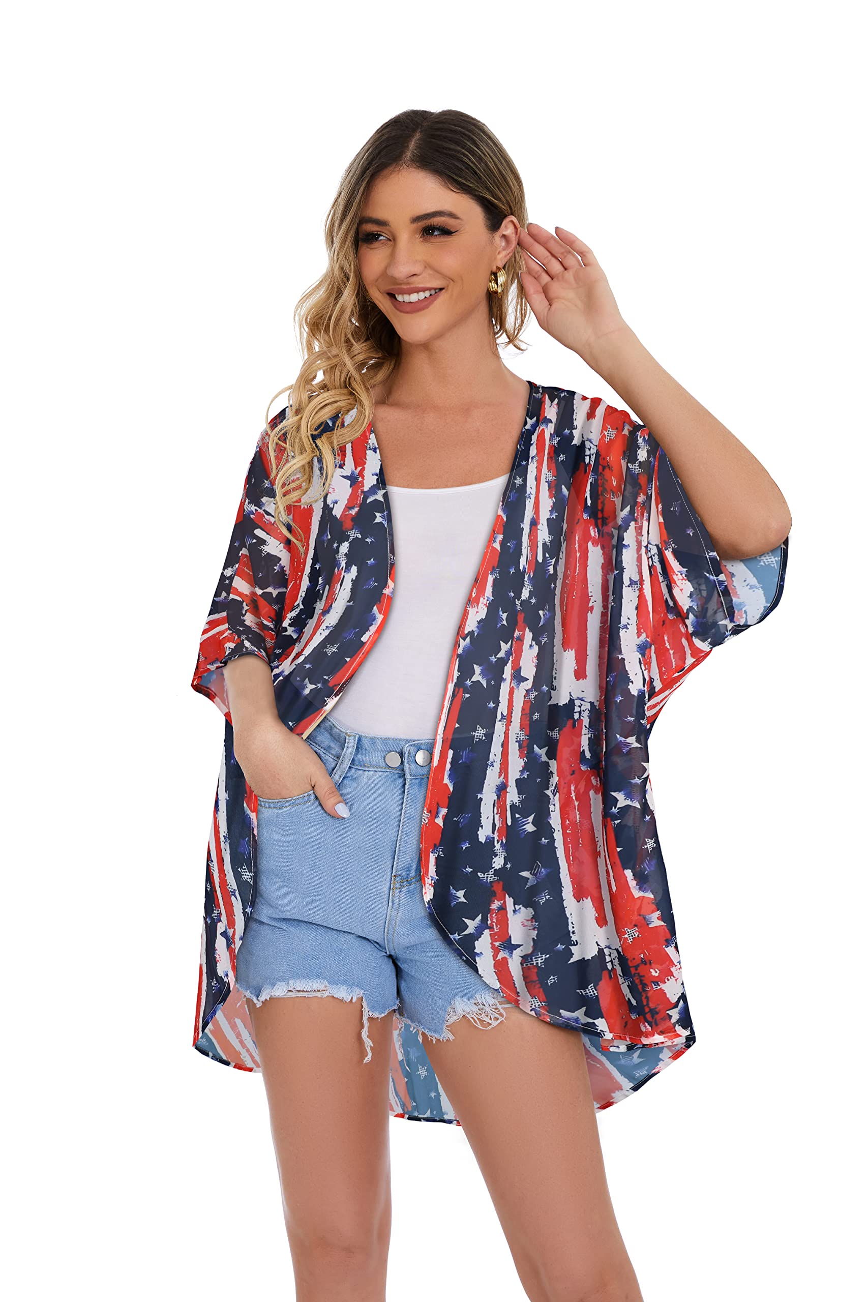 Women's Floral Kimono Cardigan Print Short Sleeve Shawl Chiffon Casual Summer Blouse Tops