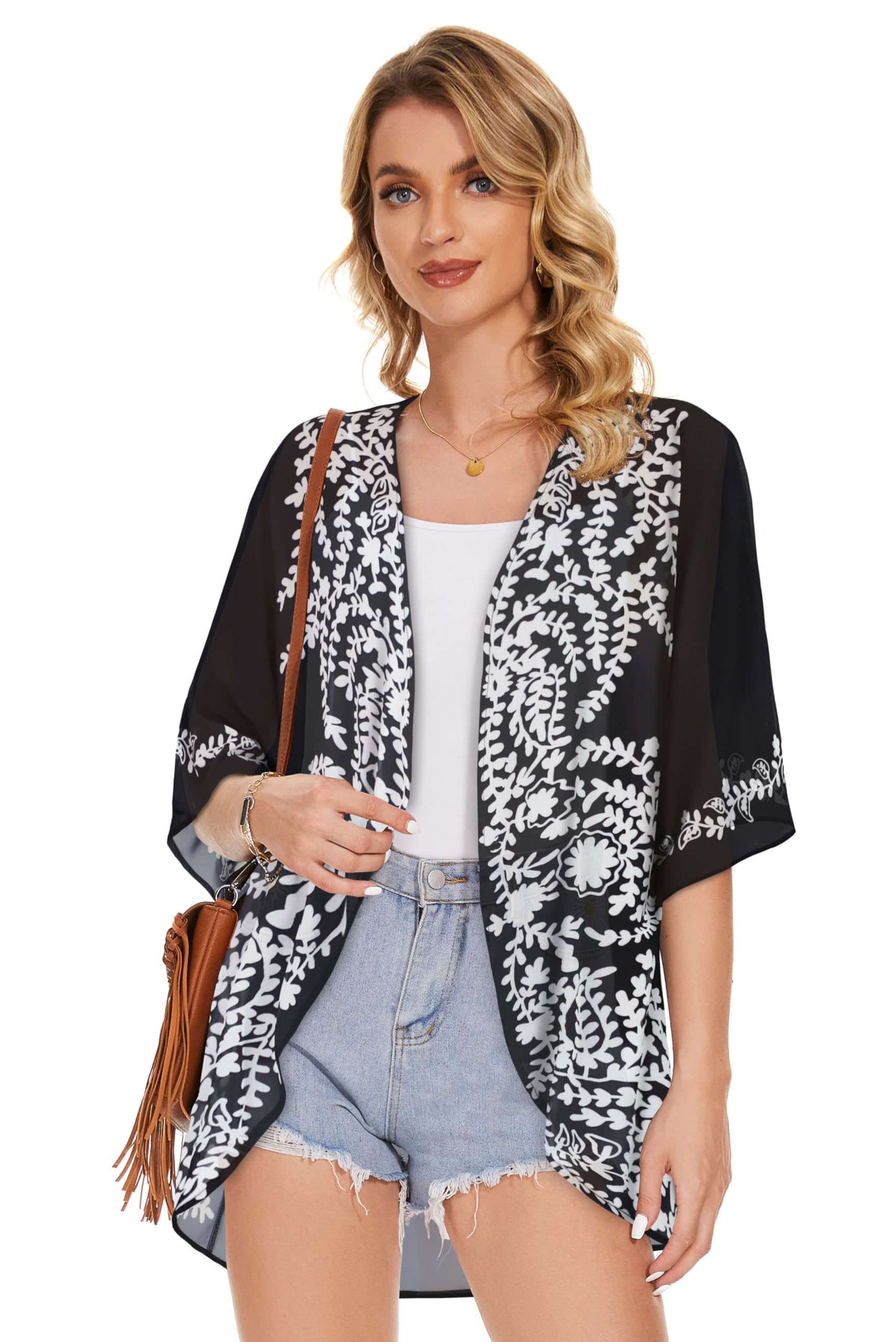 Women's Floral Kimono Cardigan Print Short Sleeve Shawl Chiffon Casual Summer Blouse Tops