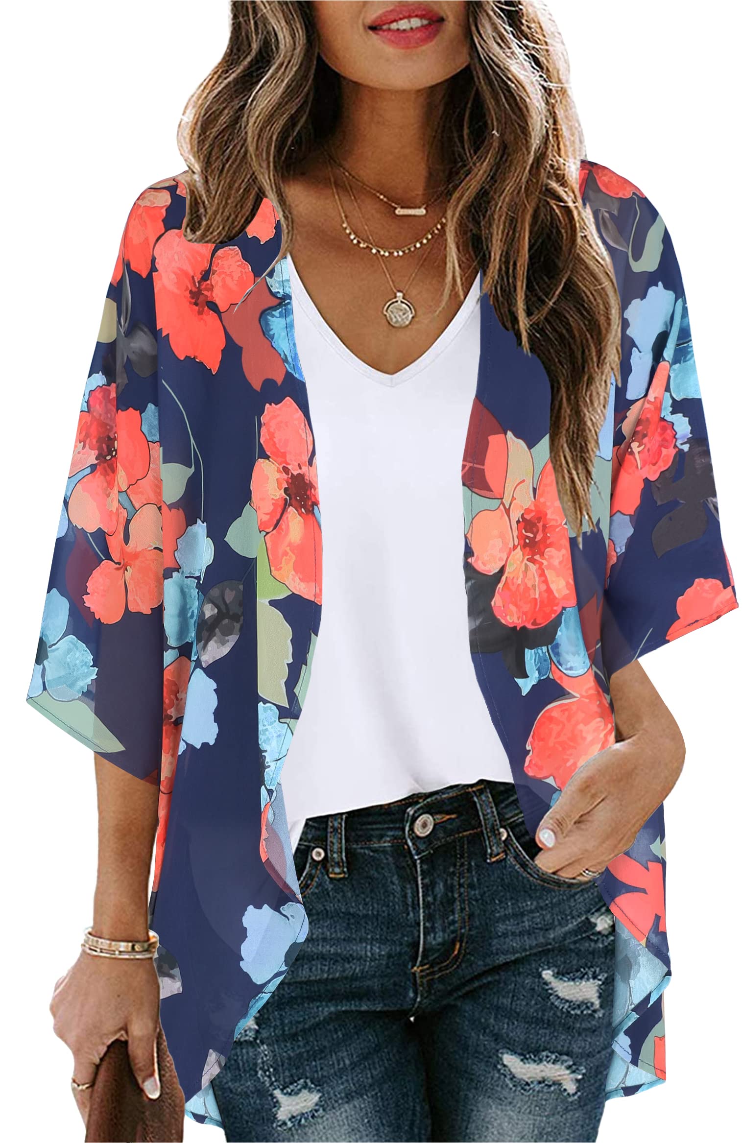 Women's Floral Kimono Cardigan Print Short Sleeve Shawl Chiffon Casual Summer Blouse Tops