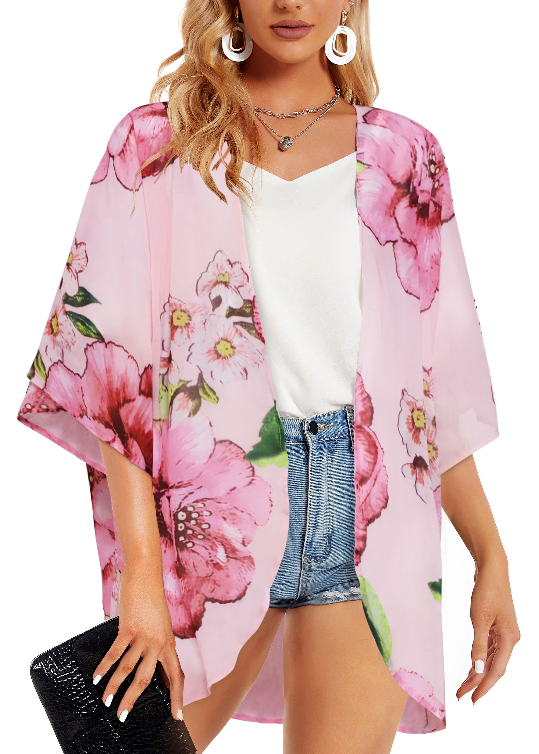 Women's Floral Kimono Cardigan Print Short Sleeve Shawl Chiffon Casual Summer Blouse Tops