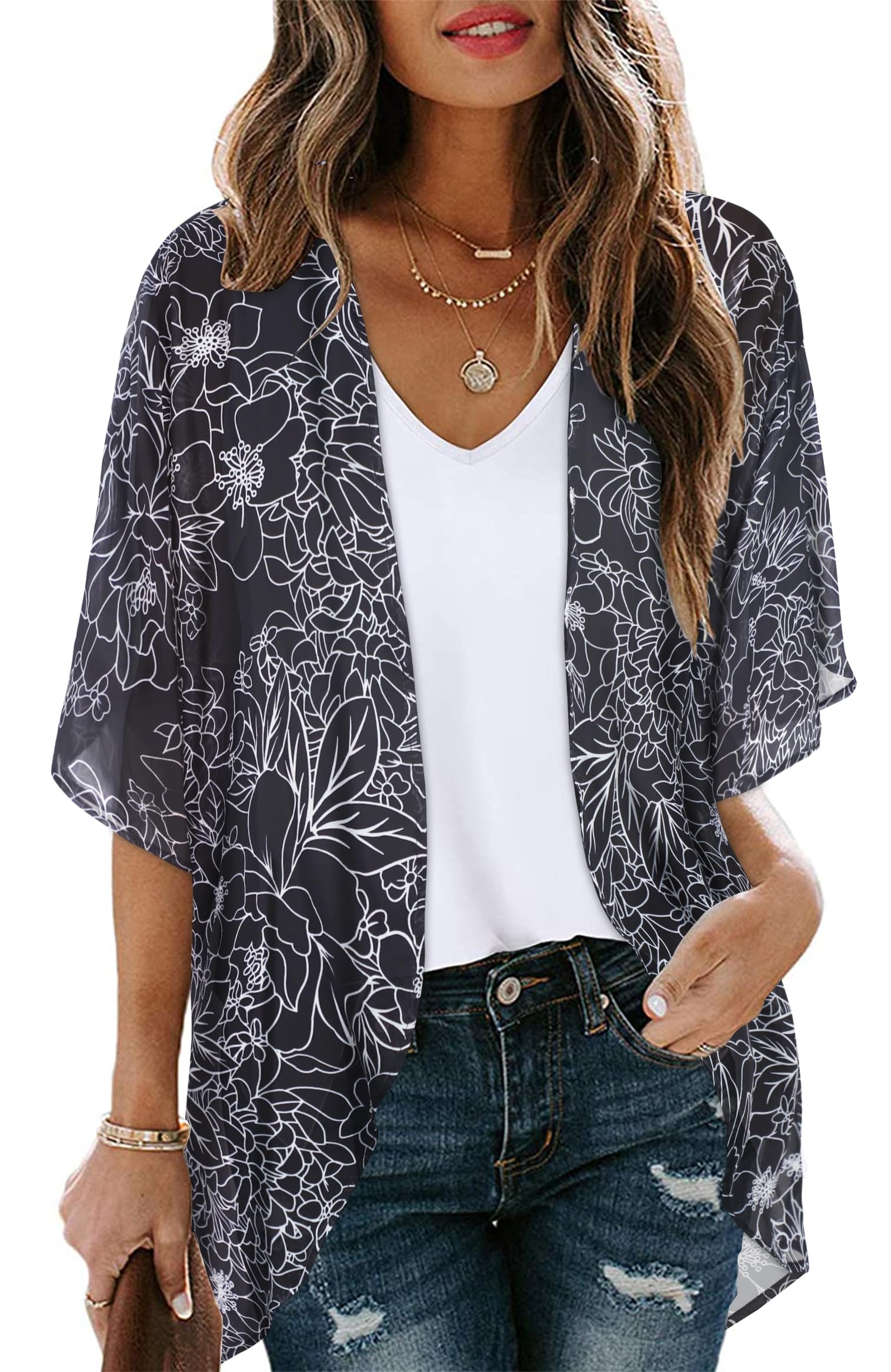 Women's Floral Kimono Cardigan Print Short Sleeve Shawl Chiffon Casual Summer Blouse Tops