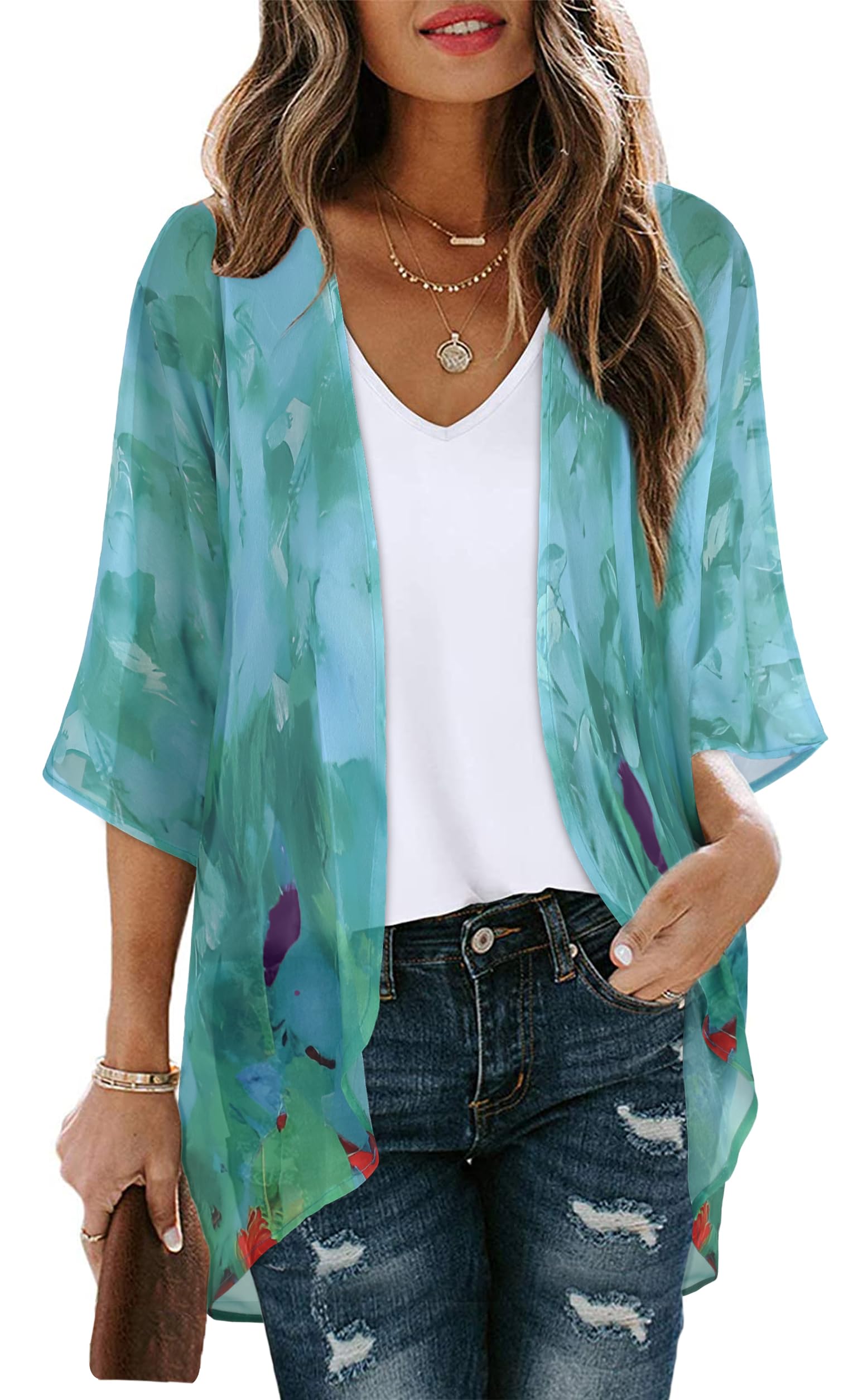 Women's Floral Kimono Cardigan Print Short Sleeve Shawl Chiffon Casual Summer Blouse Tops