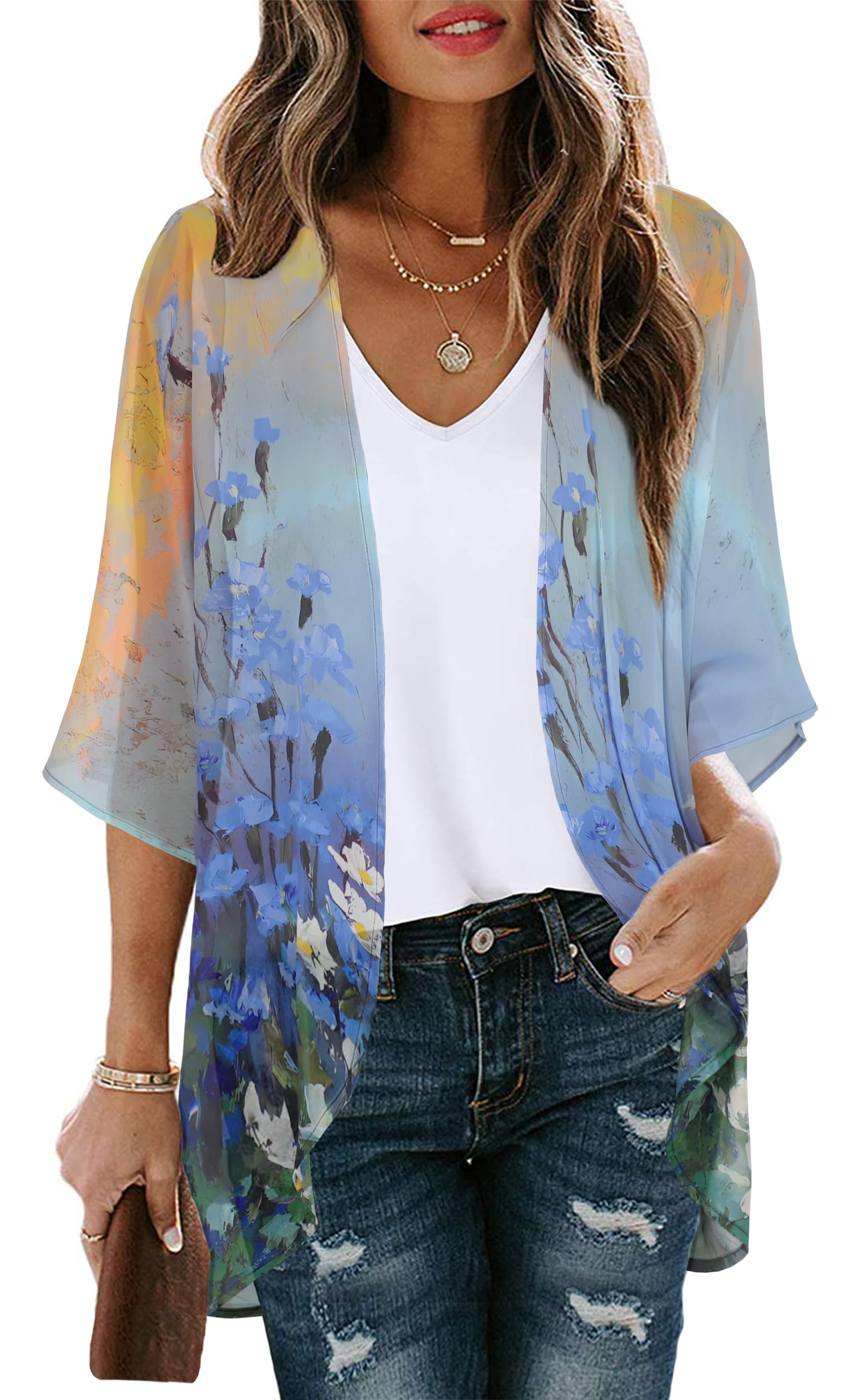 Women's Floral Kimono Cardigan Print Short Sleeve Shawl Chiffon Casual Summer Blouse Tops