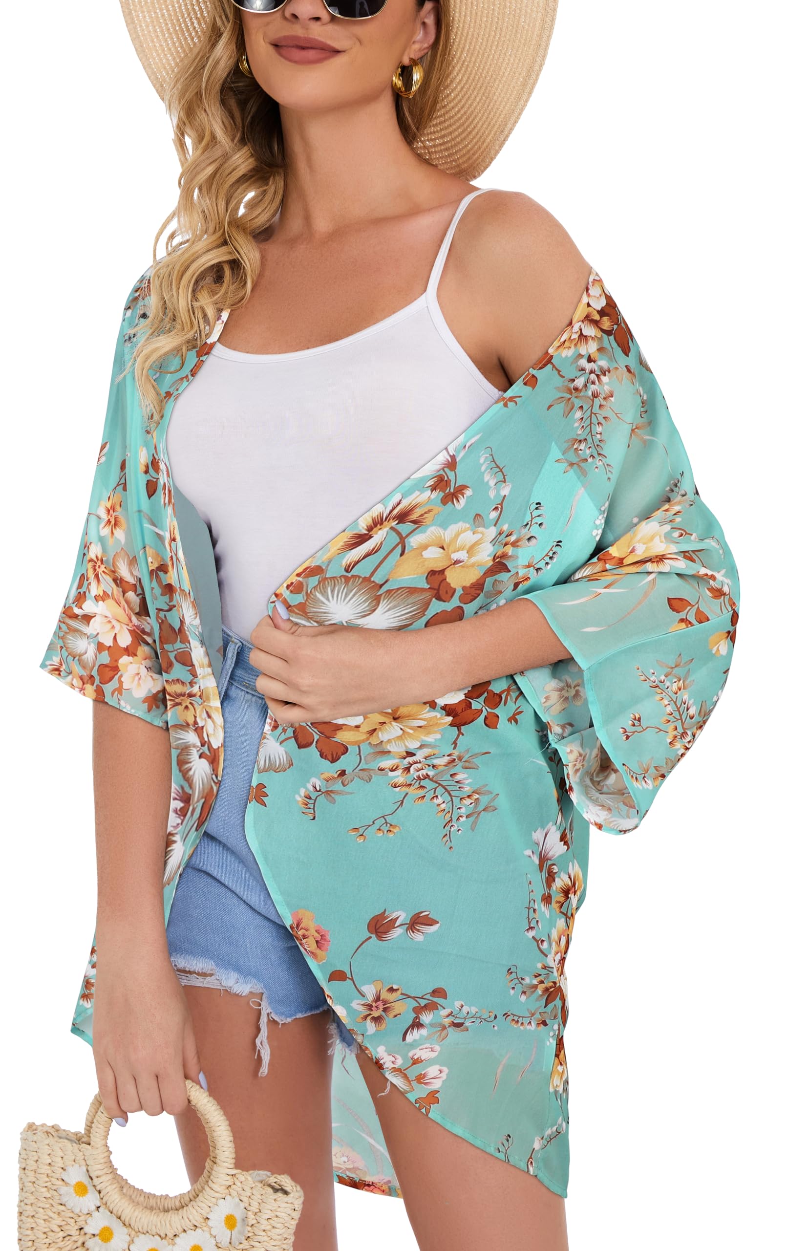 Women's Floral Kimono Cardigan Print Short Sleeve Shawl Chiffon Casual Summer Blouse Tops