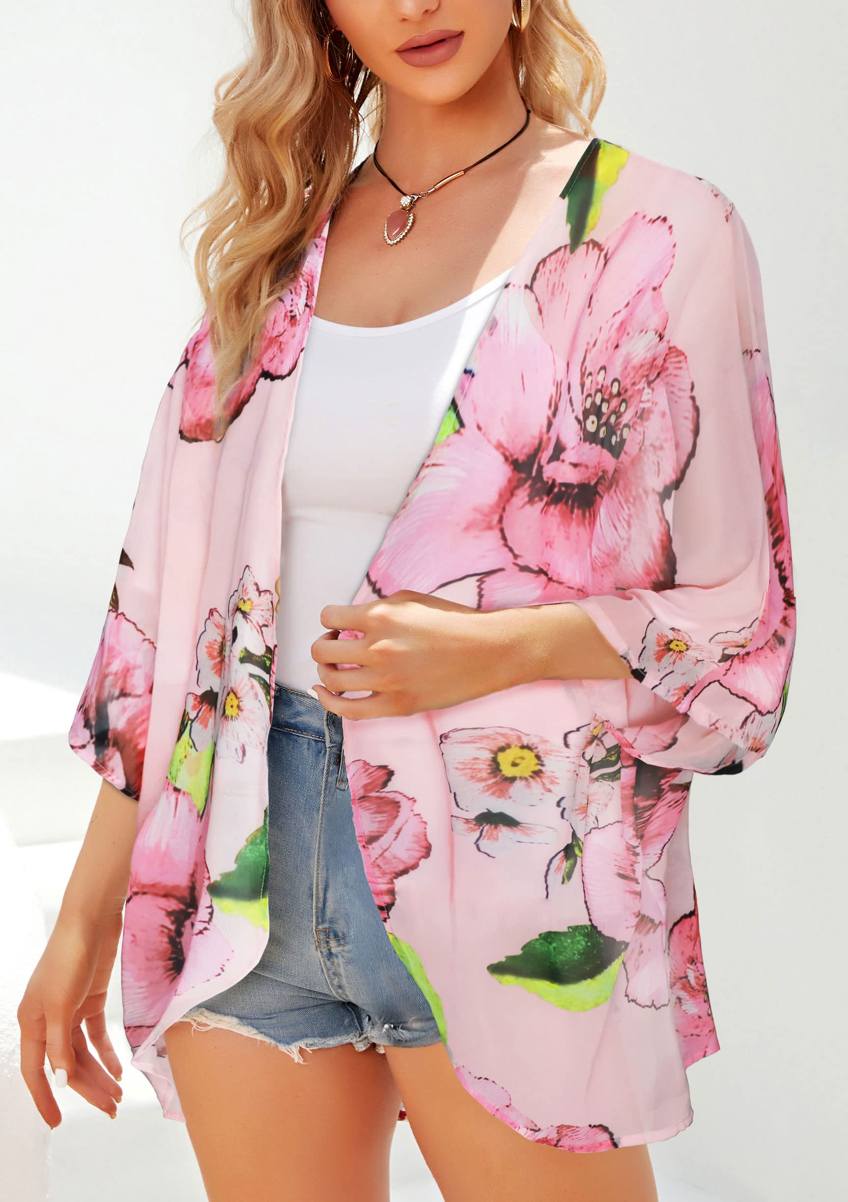 Women's Floral Kimono Cardigan Print Short Sleeve Shawl Chiffon Casual Summer Blouse Tops