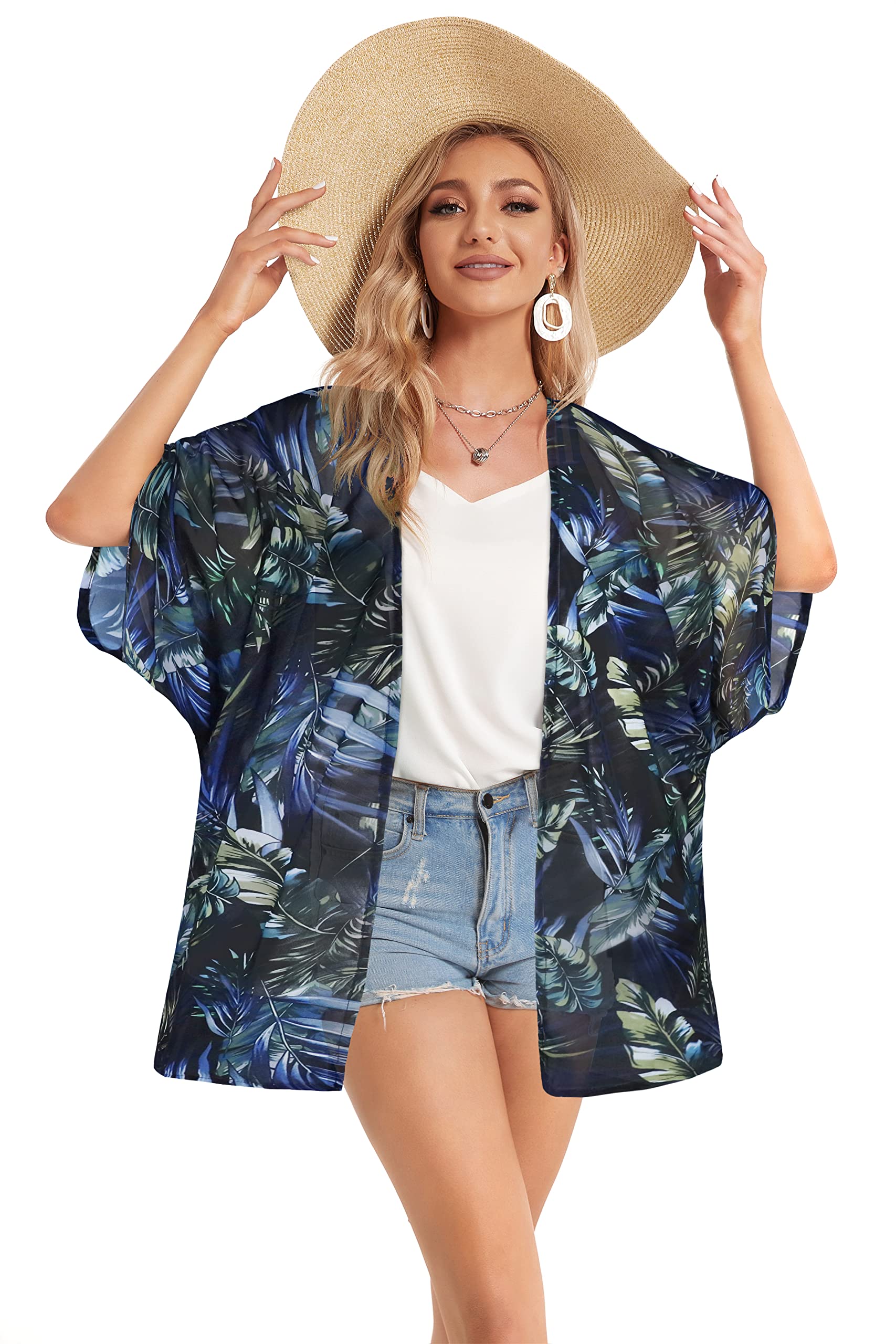 Women's Floral Kimono Cardigan Print Short Sleeve Shawl Chiffon Casual Summer Blouse Tops