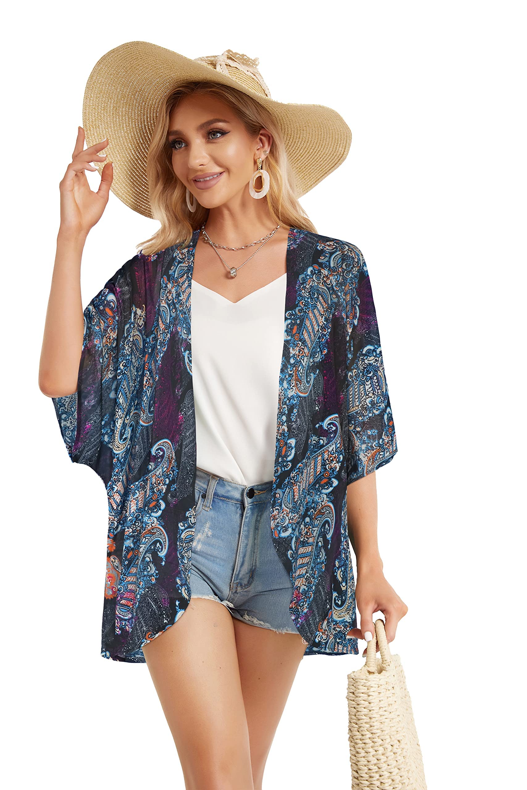 Women's Floral Kimono Cardigan Print Short Sleeve Shawl Chiffon Casual Summer Blouse Tops