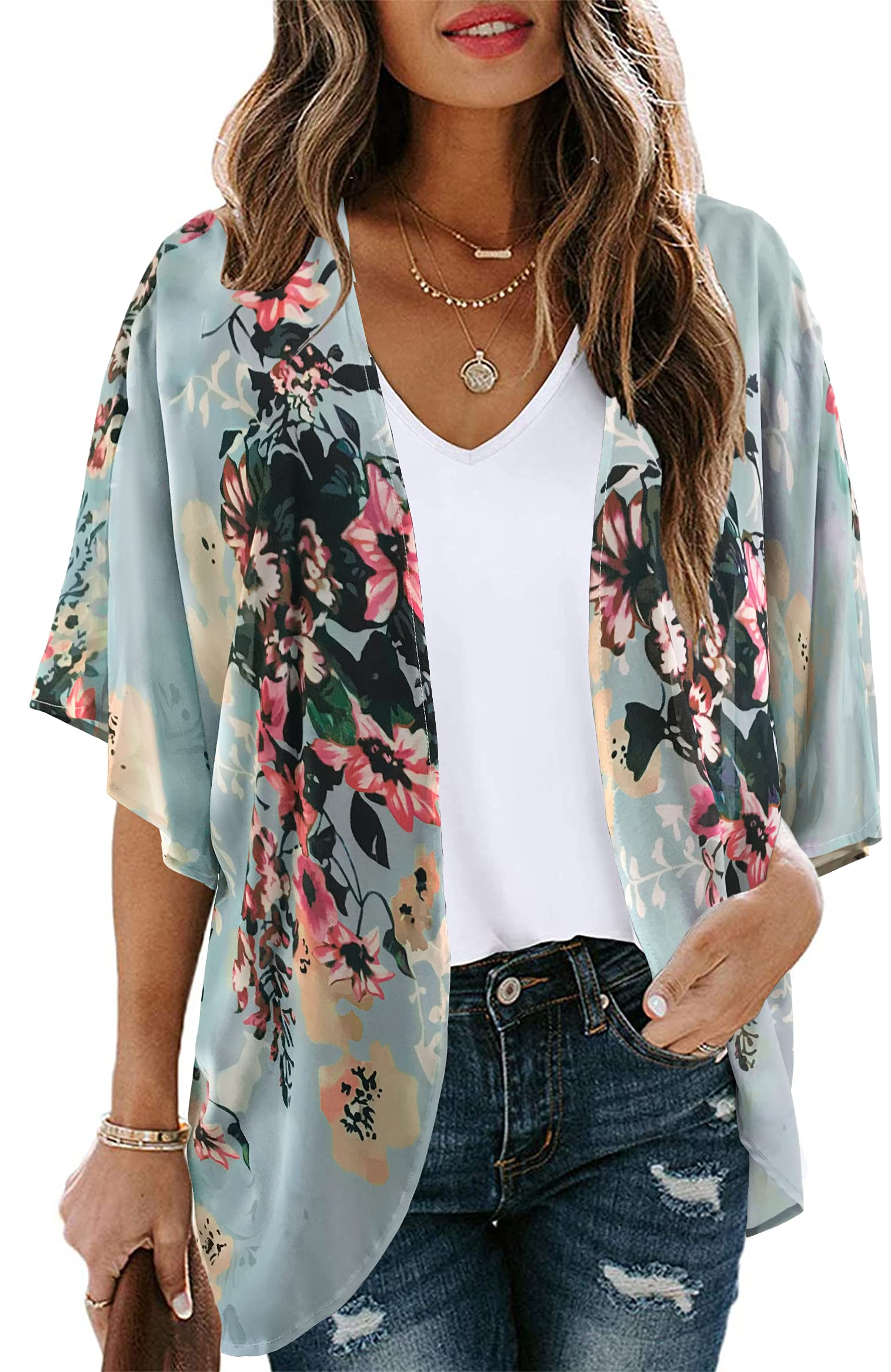 Women's Floral Kimono Cardigan Print Short Sleeve Shawl Chiffon Casual Summer Blouse Tops