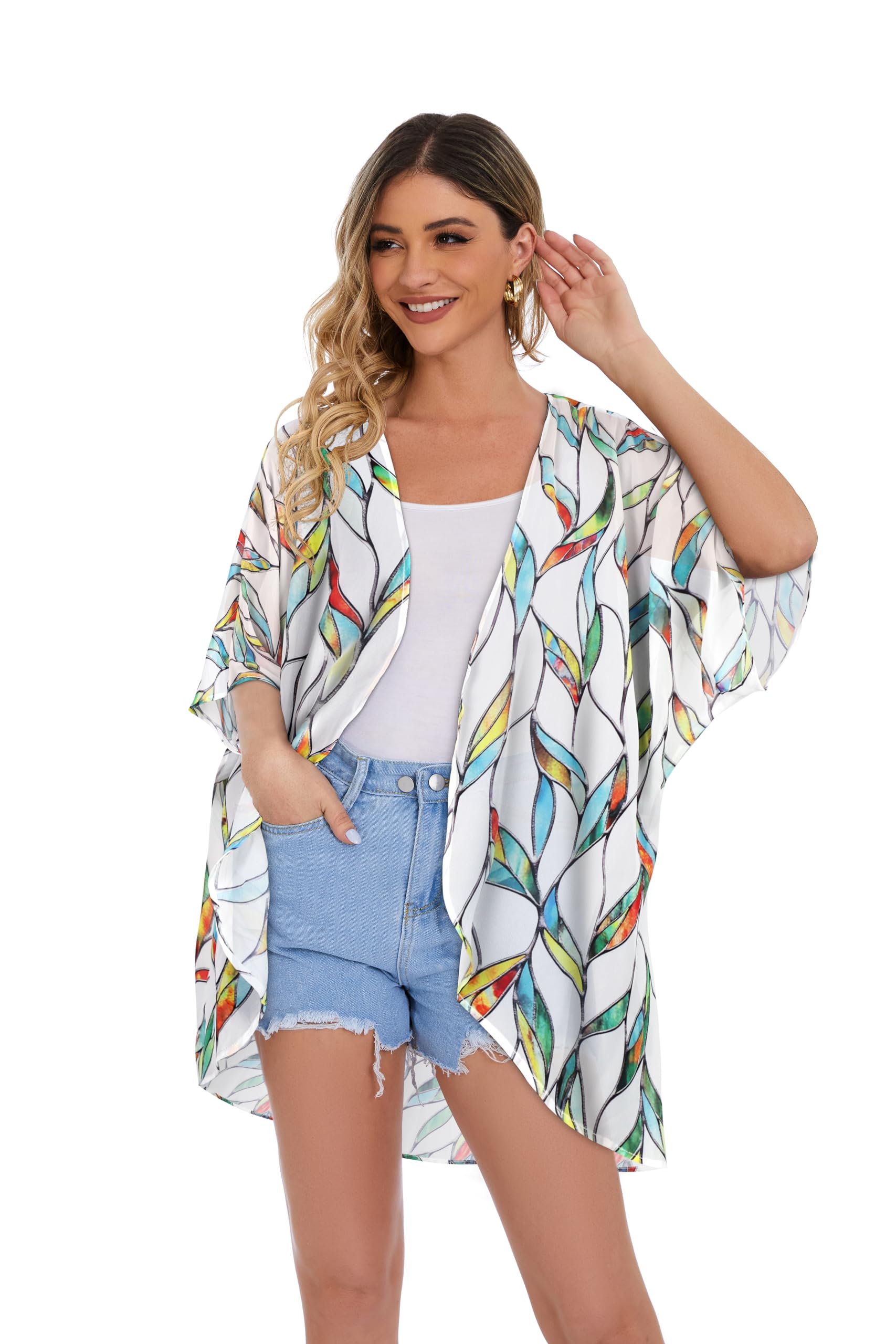 Women's Floral Kimono Cardigan Print Short Sleeve Shawl Chiffon Casual Summer Blouse Tops