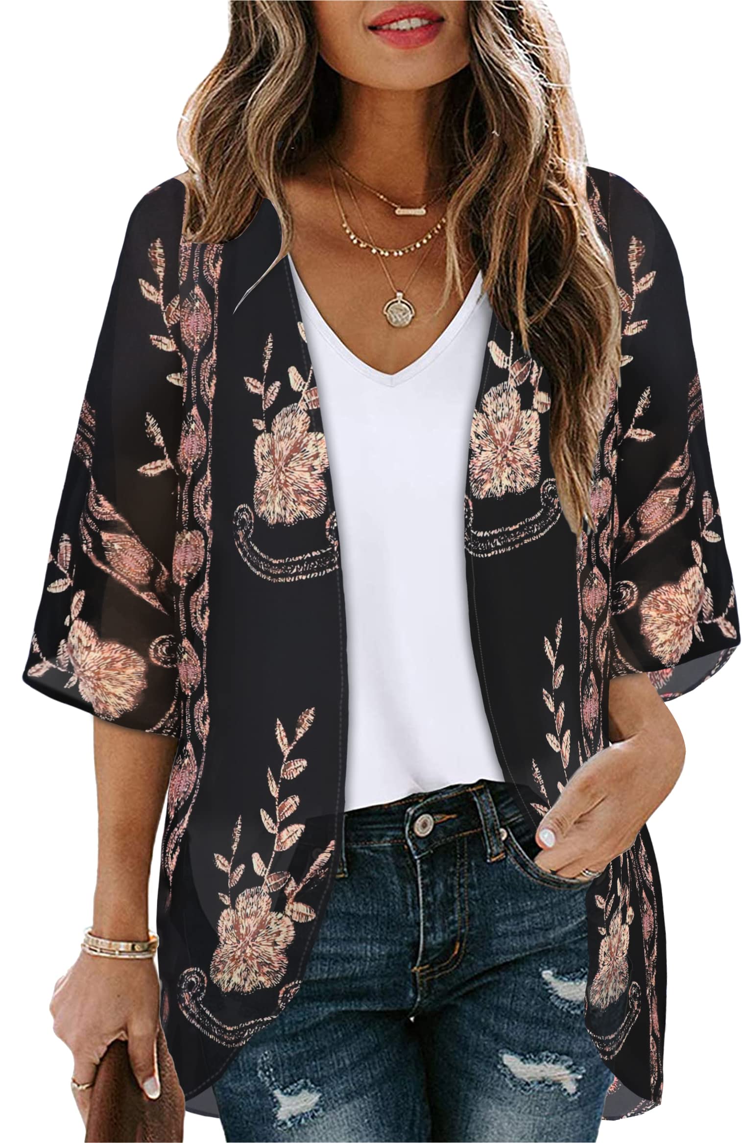 Women's Floral Kimono Cardigan Print Short Sleeve Shawl Chiffon Casual Summer Blouse Tops