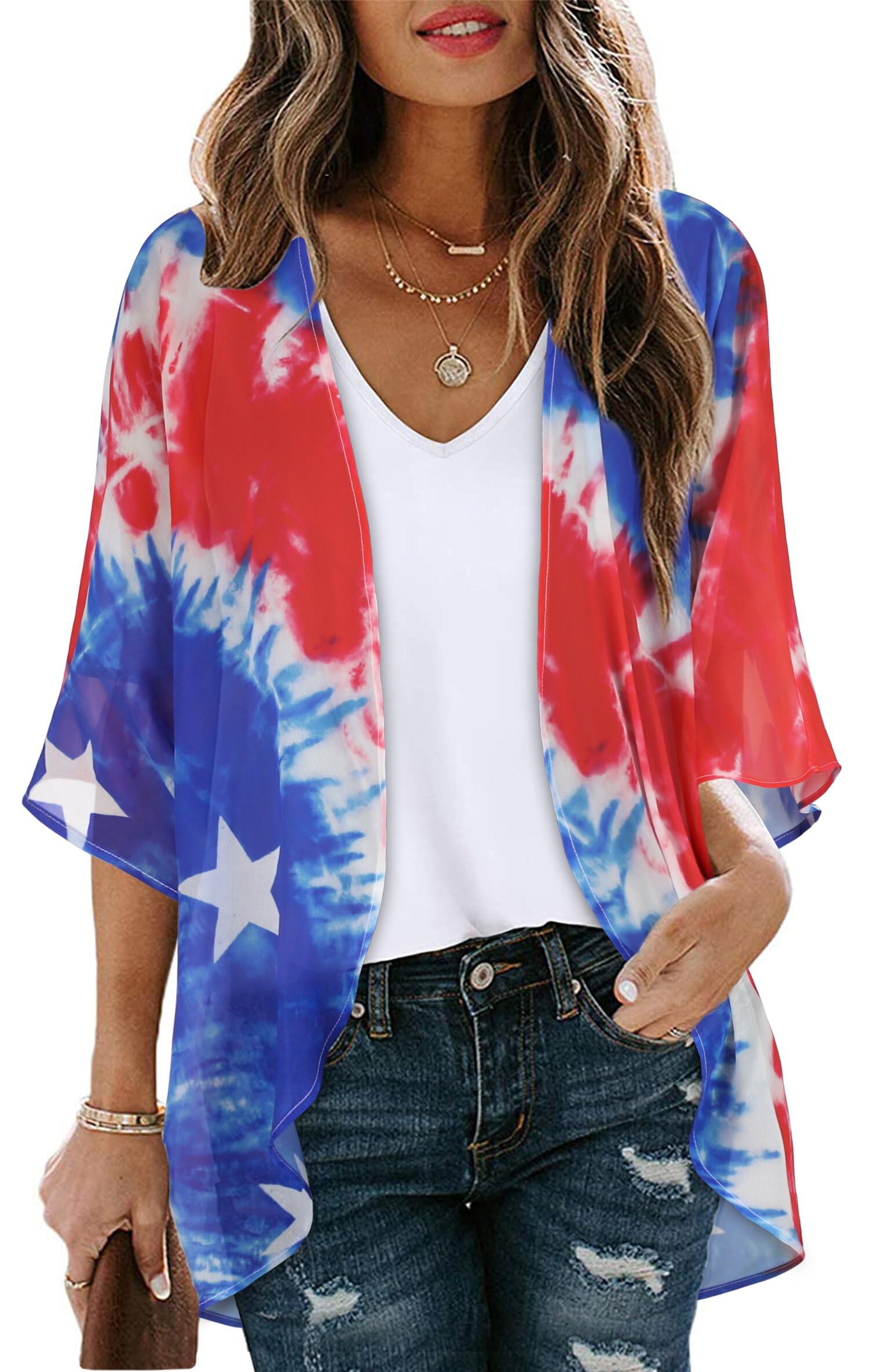 Women's Floral Kimono Cardigan Print Short Sleeve Shawl Chiffon Casual Summer Blouse Tops