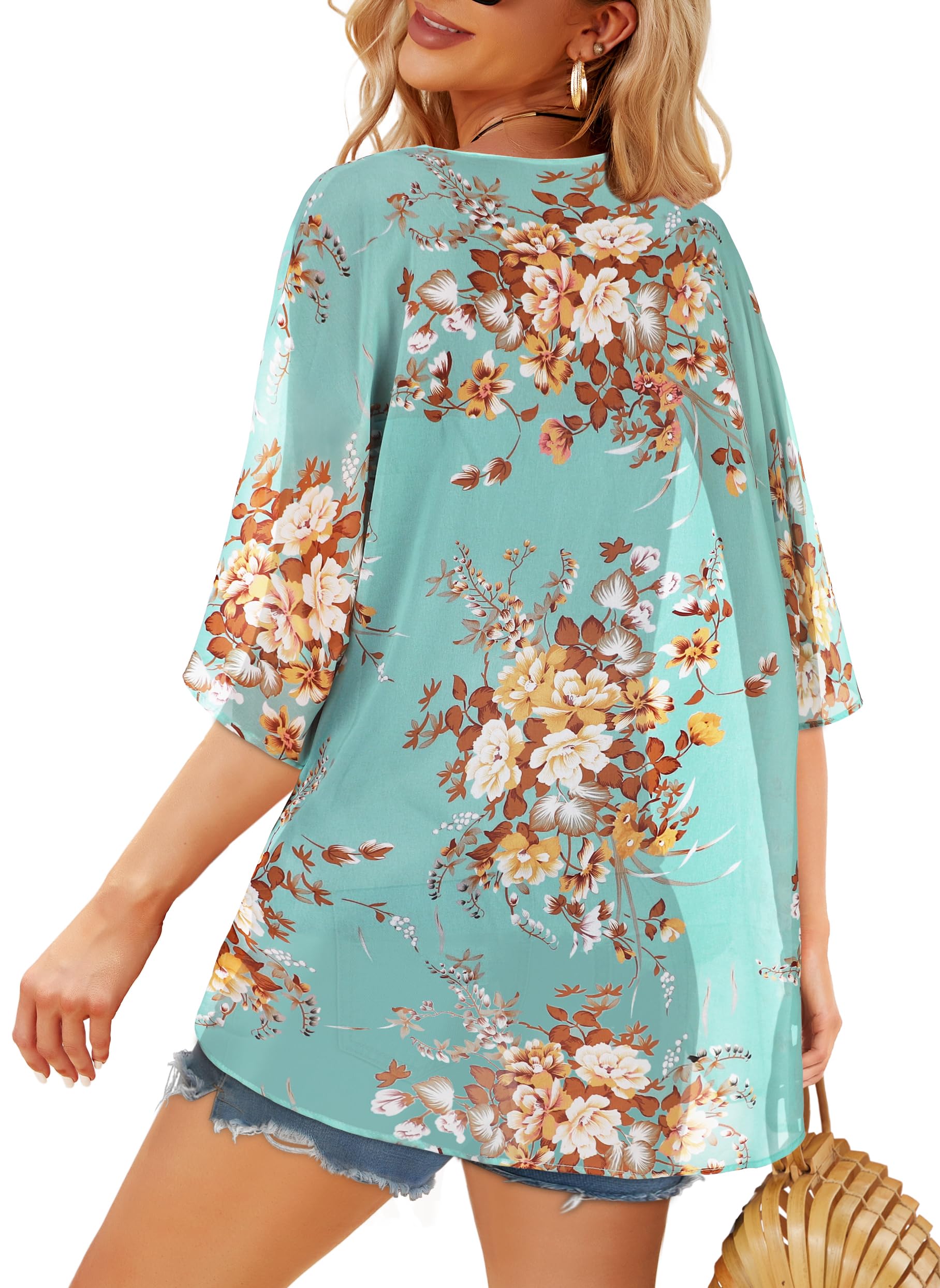 Women's Floral Kimono Cardigan Print Short Sleeve Shawl Chiffon Casual Summer Blouse Tops