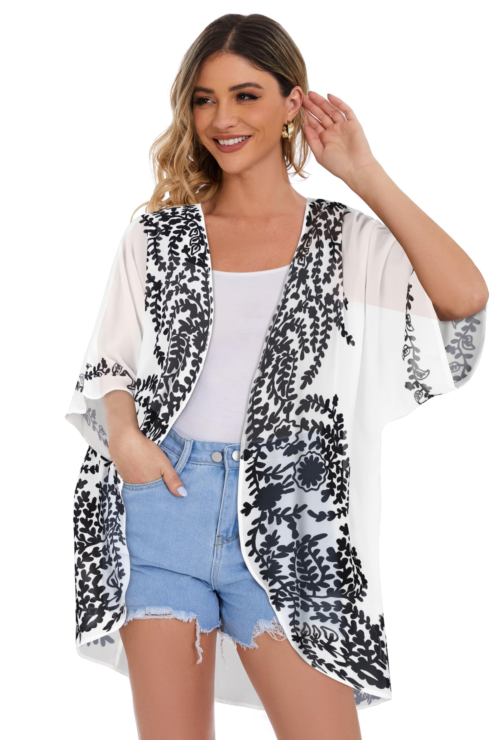 Women's Floral Kimono Cardigan Print Short Sleeve Shawl Chiffon Casual Summer Blouse Tops