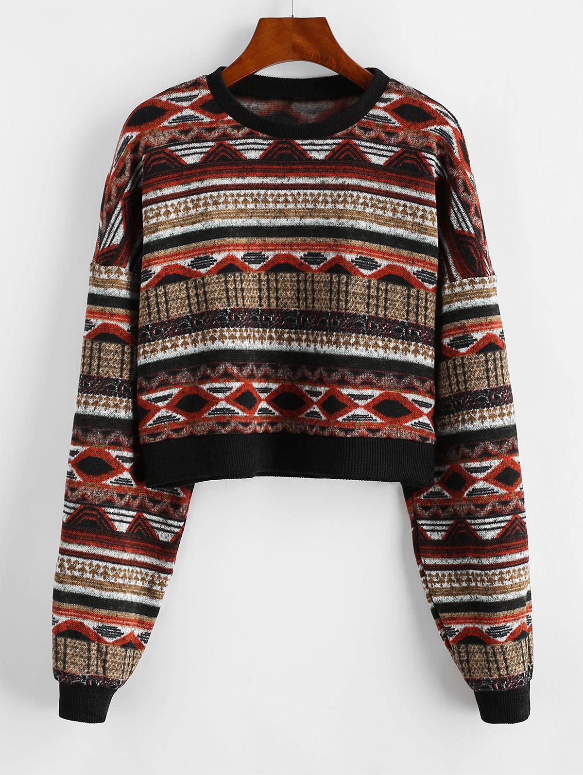 Women's Tribal Ethnic Graphic Cropped Knitwear Bohemian Long Sleeve Pullover Sweater