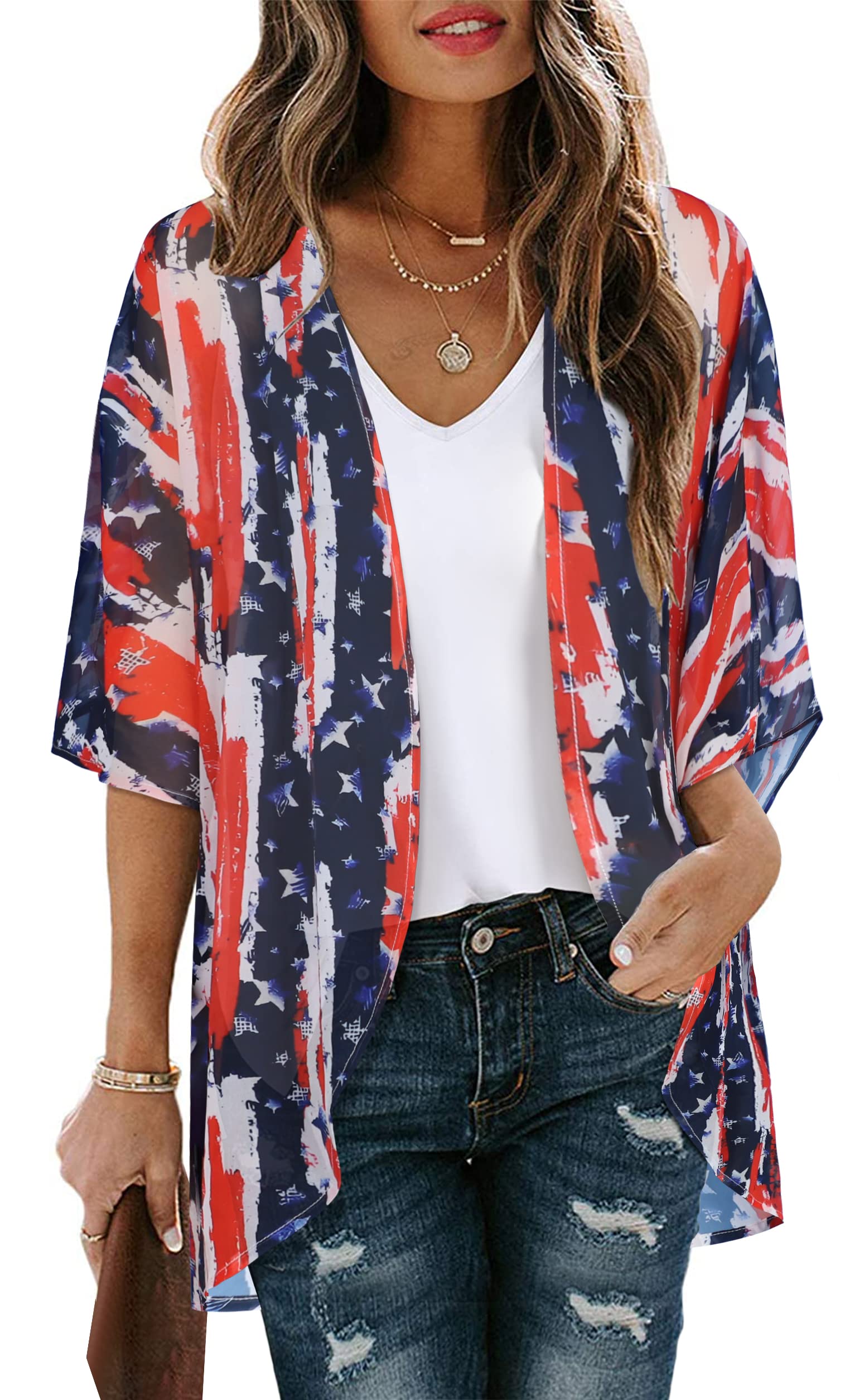 Women's Floral Kimono Cardigan Print Short Sleeve Shawl Chiffon Casual Summer Blouse Tops