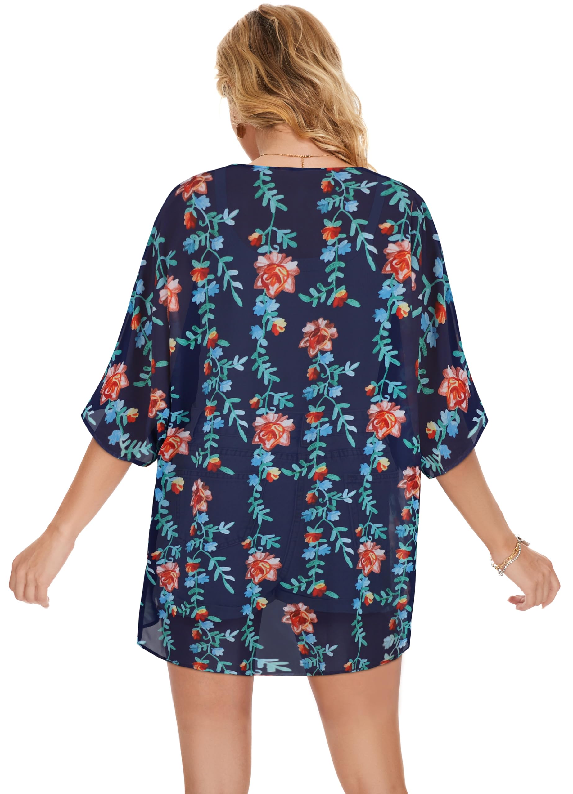 Women's Floral Kimono Cardigan Print Short Sleeve Shawl Chiffon Casual Summer Blouse Tops