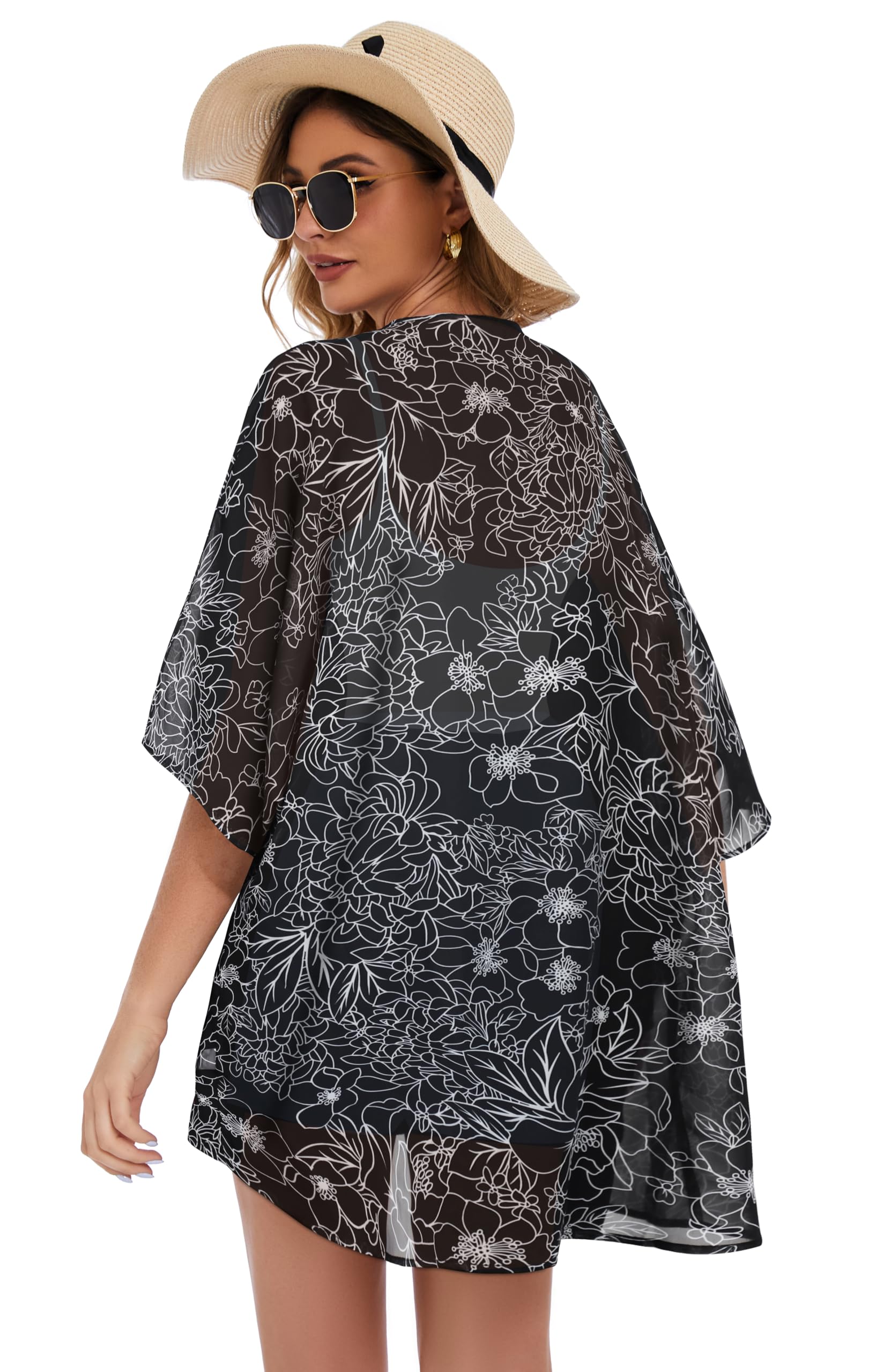 Women's Floral Kimono Cardigan Print Short Sleeve Shawl Chiffon Casual Summer Blouse Tops