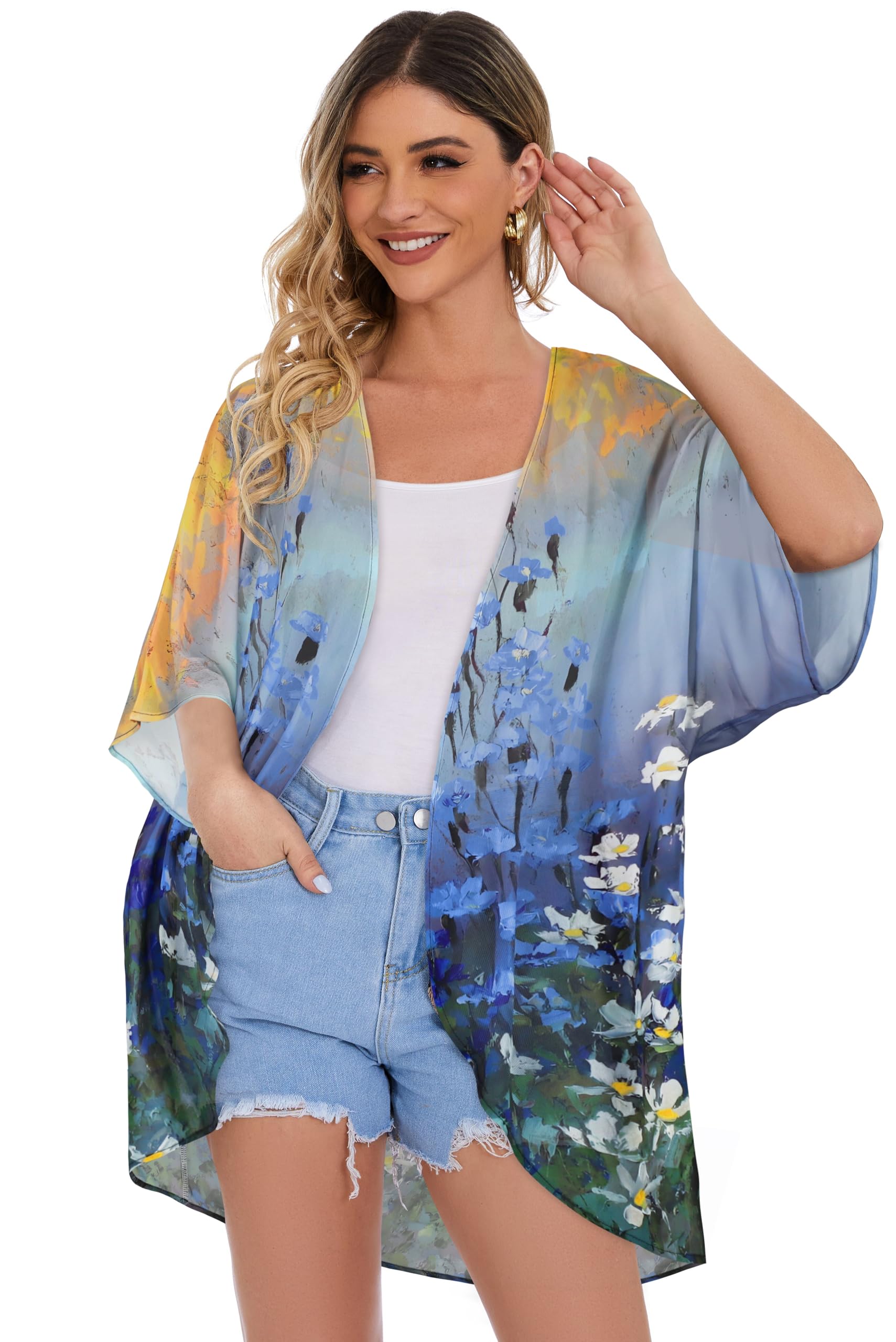 Women's Floral Kimono Cardigan Print Short Sleeve Shawl Chiffon Casual Summer Blouse Tops